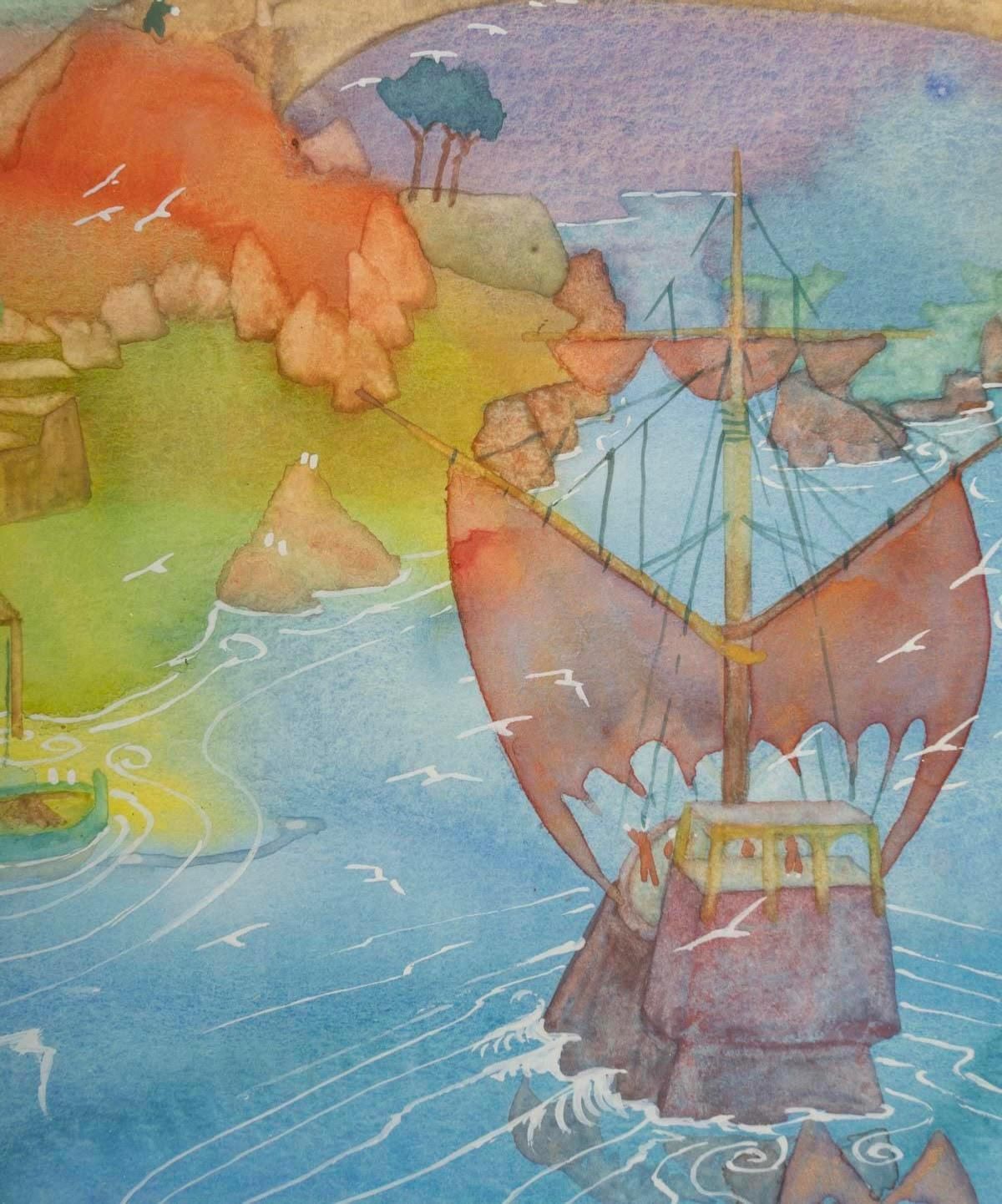 Framed Watercolour Coaster Representing A View Of Asia By Patrick Gannat. photo vinterior