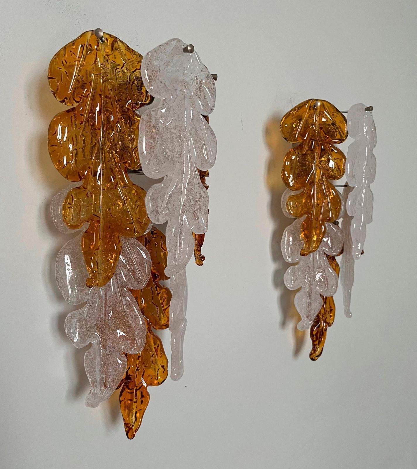 Italian Midcentury Pair Of Amberclear Murano Leaf Wall Sconces By Mazzega, 1970s photo furniture