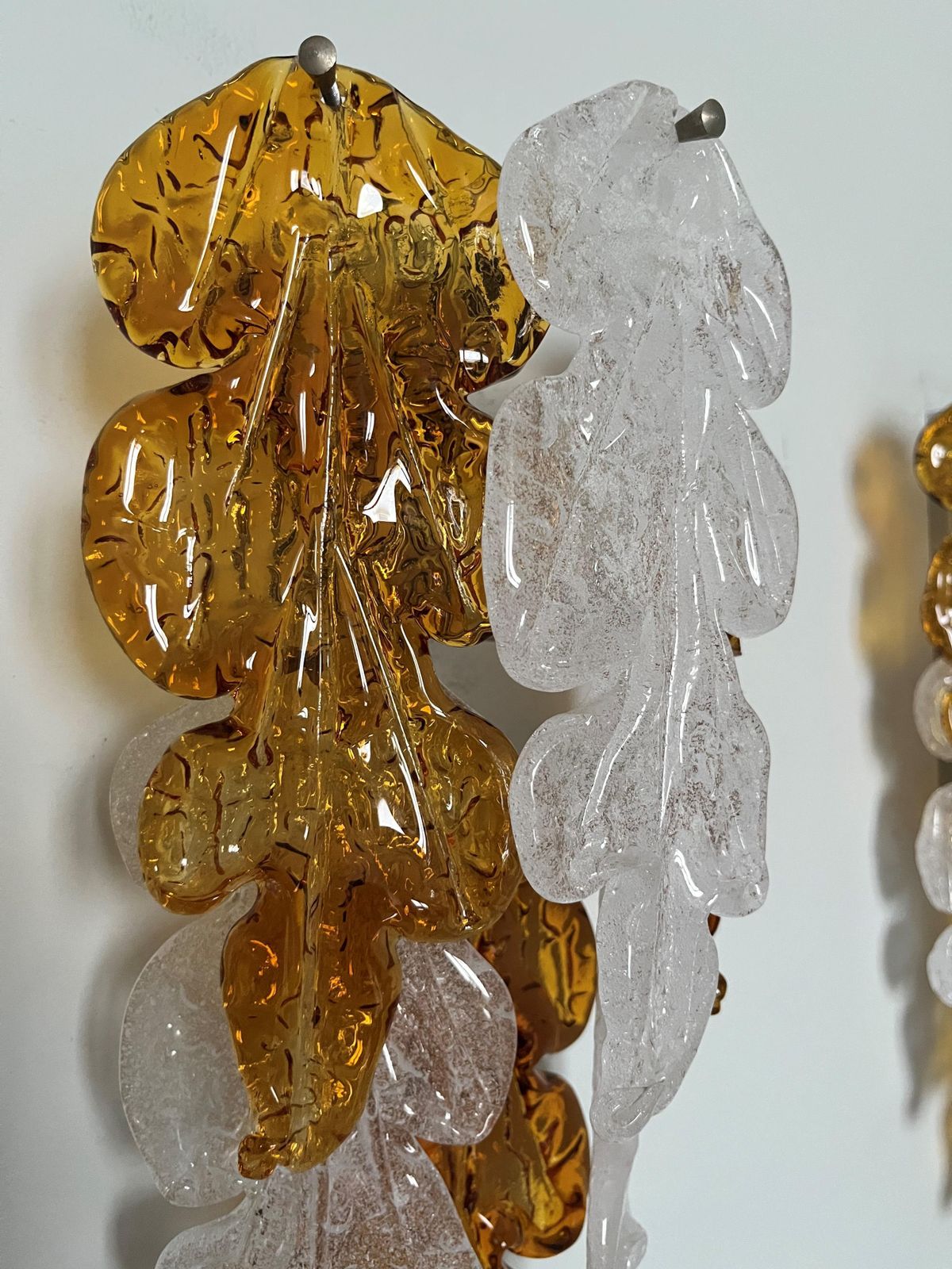 photo furniture Italian Midcentury Pair Of Amberclear Murano Leaf Wall Sconces By Mazzega, 1970s