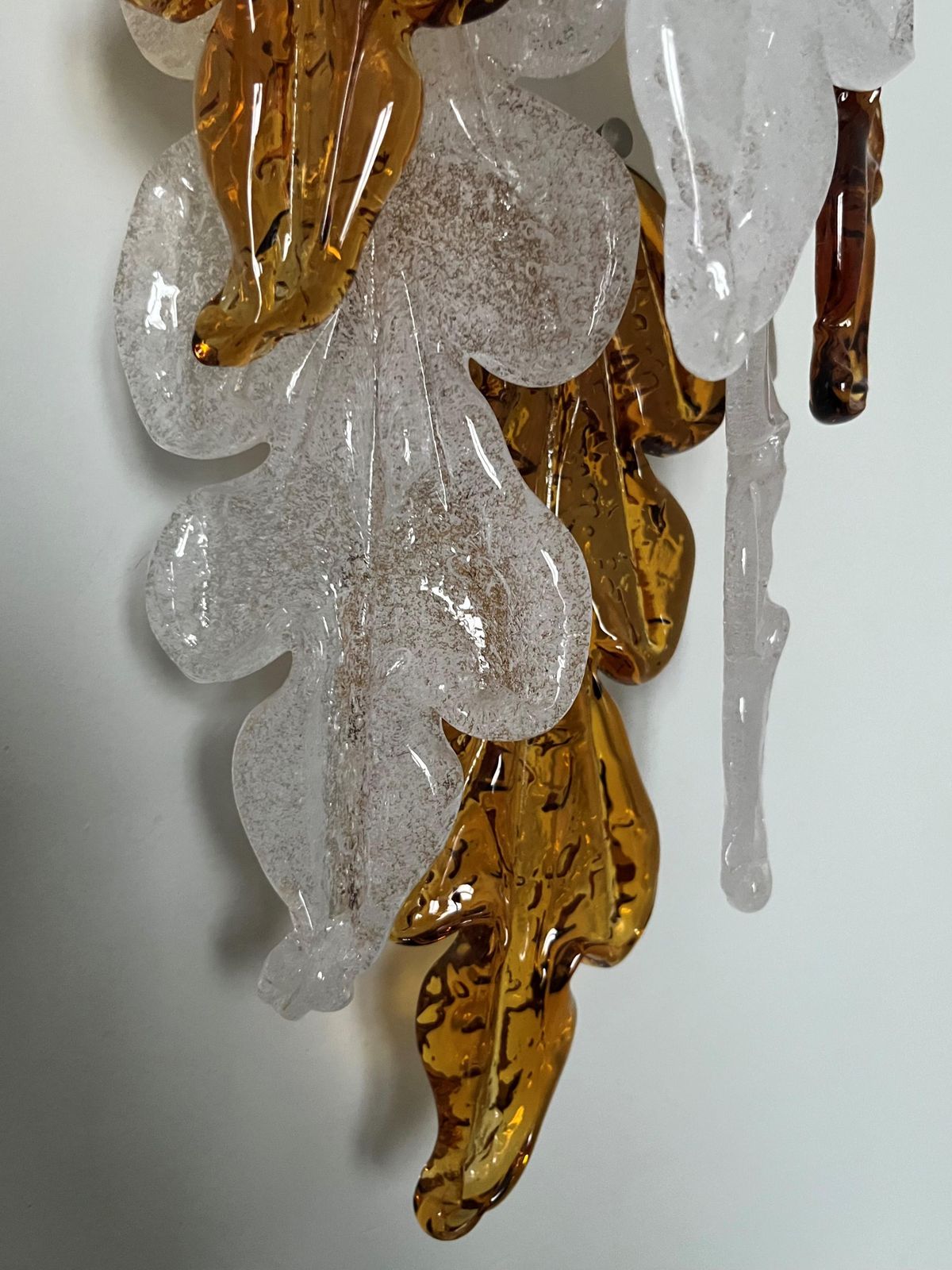 Lighting Italian Midcentury Pair Of Amberclear Murano Leaf Wall Sconces By Mazzega, 1970s photo