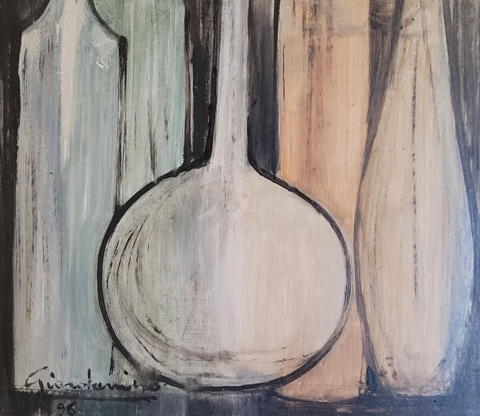 Still Life Of Bottles, Oil On Board, Late 20th Century, Signed, 1996 By Giordanino photo vinterior