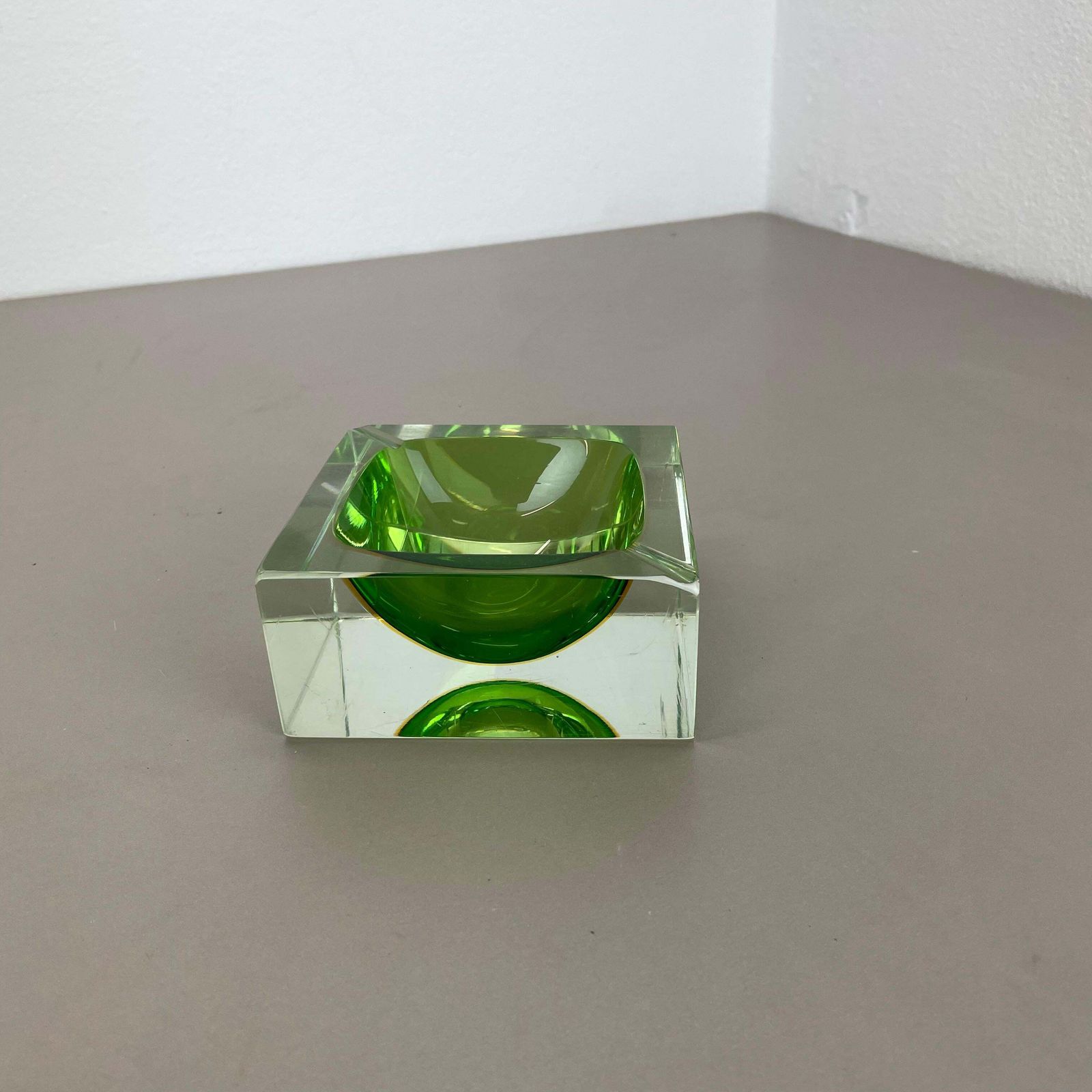 Murano Green Glass Sommerso Block Cube Ashtray Element Flavio Poli, Italy, 1970s photo furniture