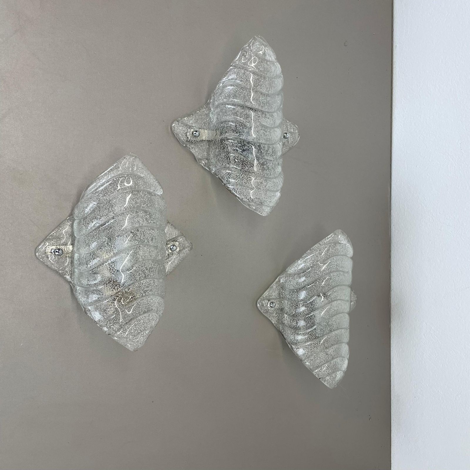 Set Of 3 Murano Ice Glass Wall Light Sconces Fischer Leuchten Germany, 1970 photo furniture