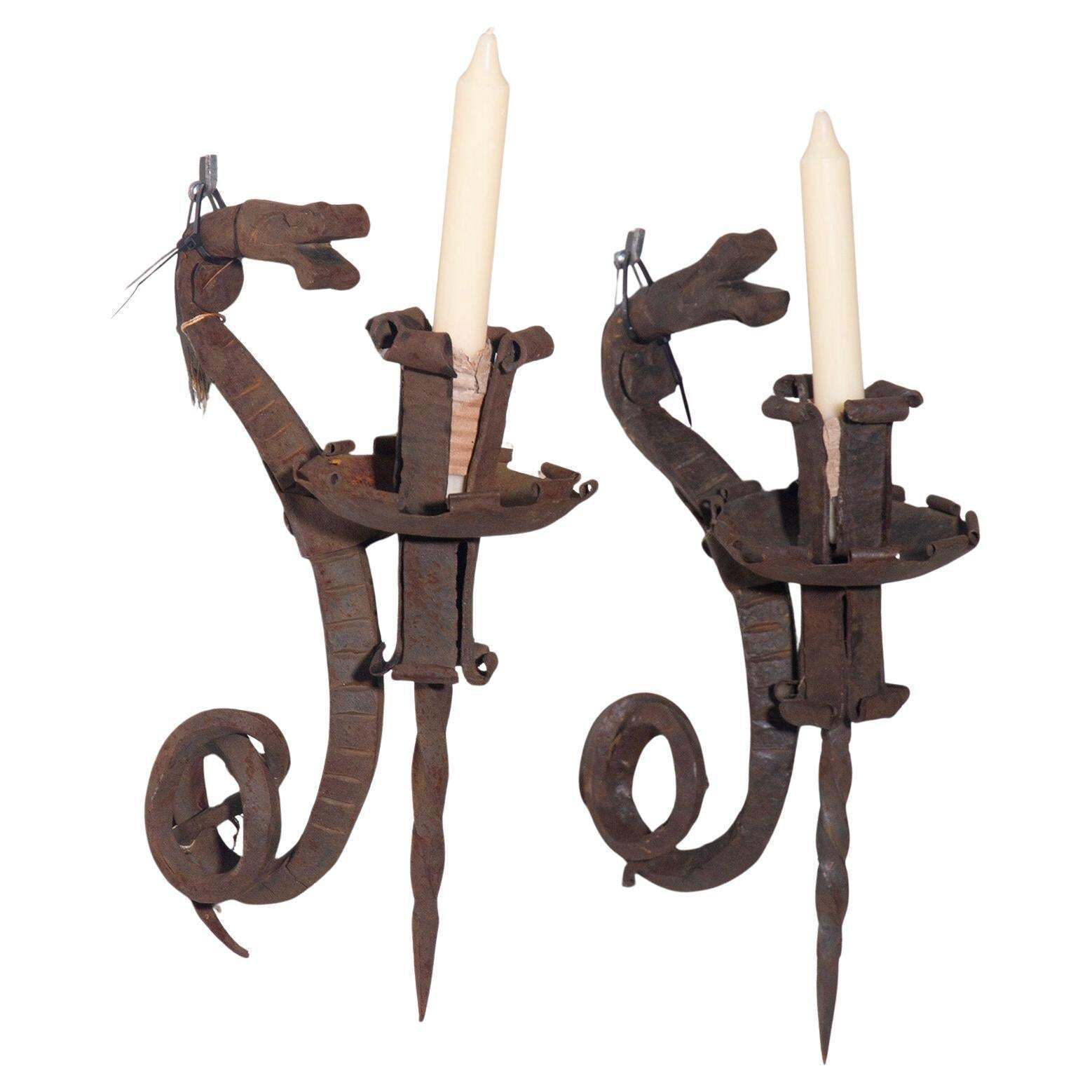 Pair Of Art Nouveau Wrought Iron Wall Candle Holders, Fratelli Matteucci Faenza