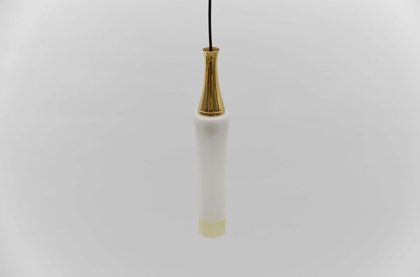Lovely Cylindrical Glass Hanging Lamp With Brass, Mid Century Modern, Germany photo vintage
