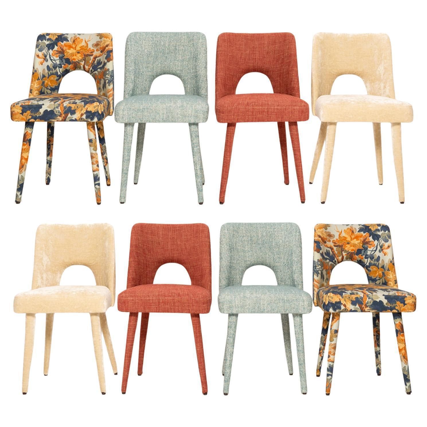 Set Of Eight Mid Century Shell Mixed Chairs, Fabrics By Pierre Frey, 1960s
