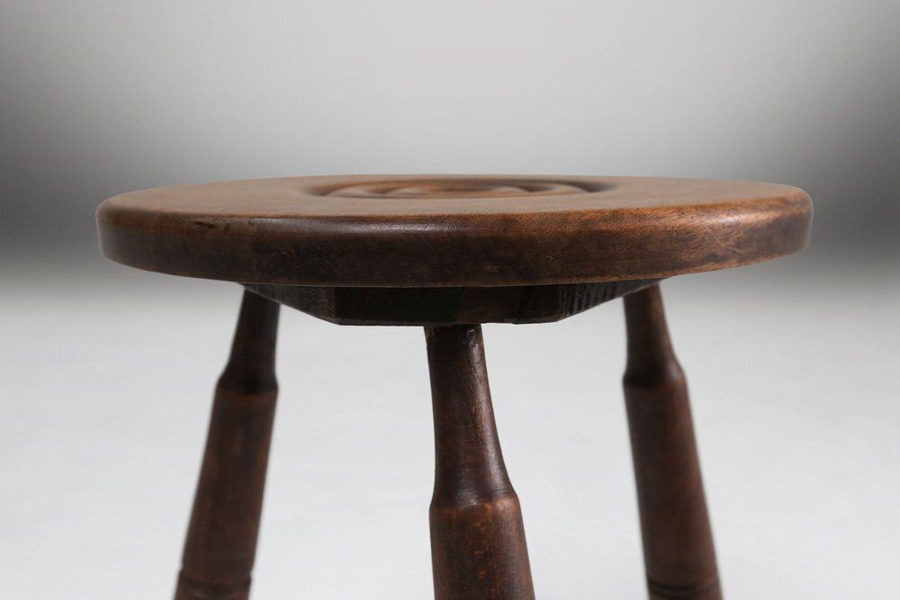 Vintage Brutalist Low Oak Stool, Belgium, 1960s photo furniture