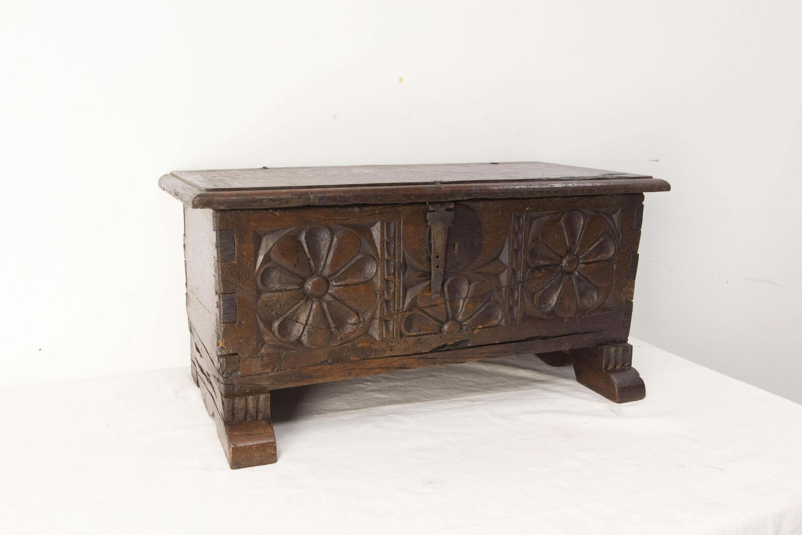 1900 Little Rustic Chest Or Coffer Gothic Carved Oak & Wrought Iron, French photo Furniture