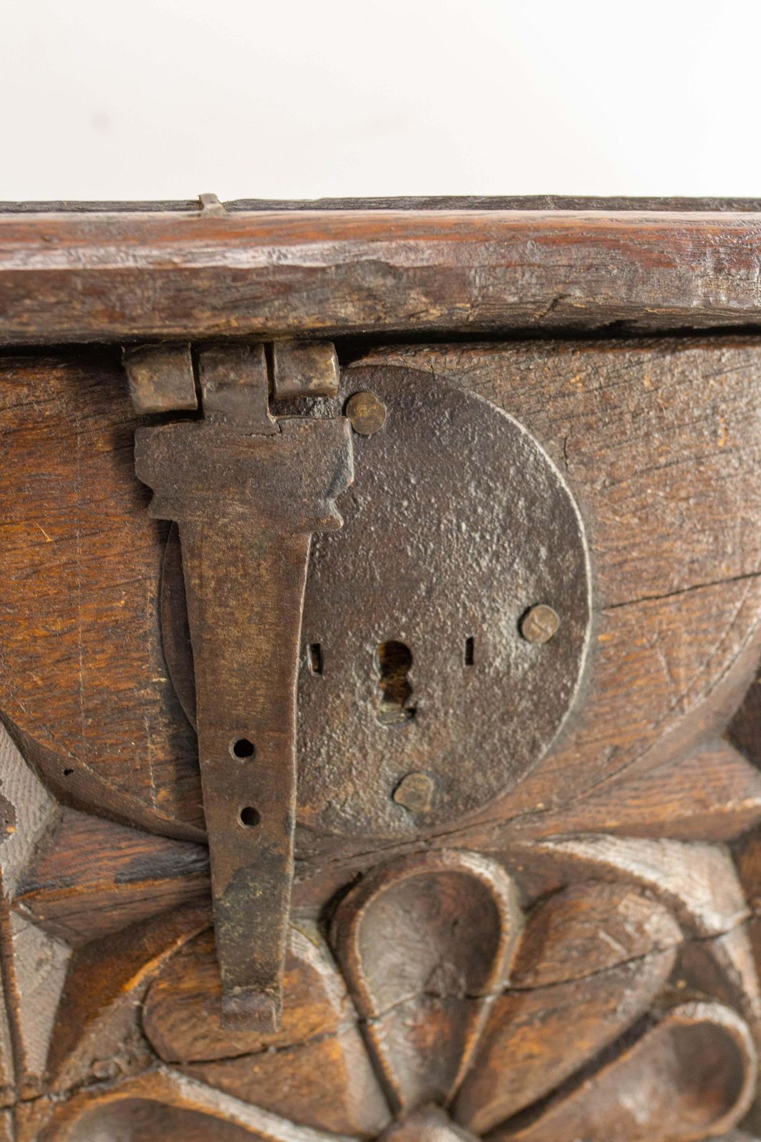 1900 Little Rustic Chest Or Coffer Gothic Carved Oak & Wrought Iron, French photo vintage