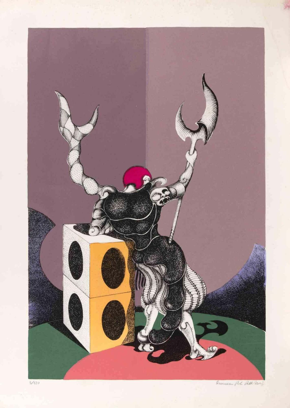 Francesco Paolo Delle Nocisurreal Encounter With Masked Figures   Lithograph By Francesco P. D. N.   1980s1980s