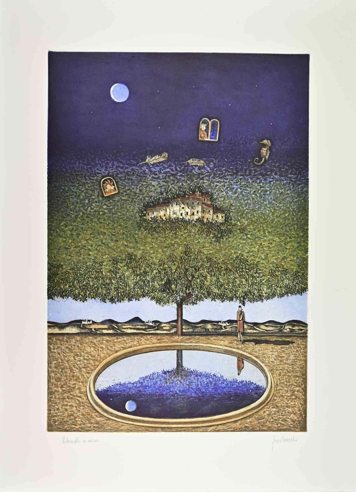 Franco Fortunatodreamlike Landscape With Tree, Moon...   Etching By Franco Fortunato   1990s1990s