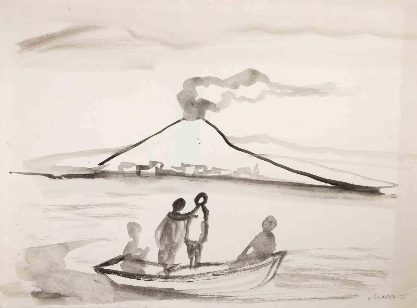 Mino Maccaricontemplating Vesuvius   Drawing By Mino Maccari   1950s1950s