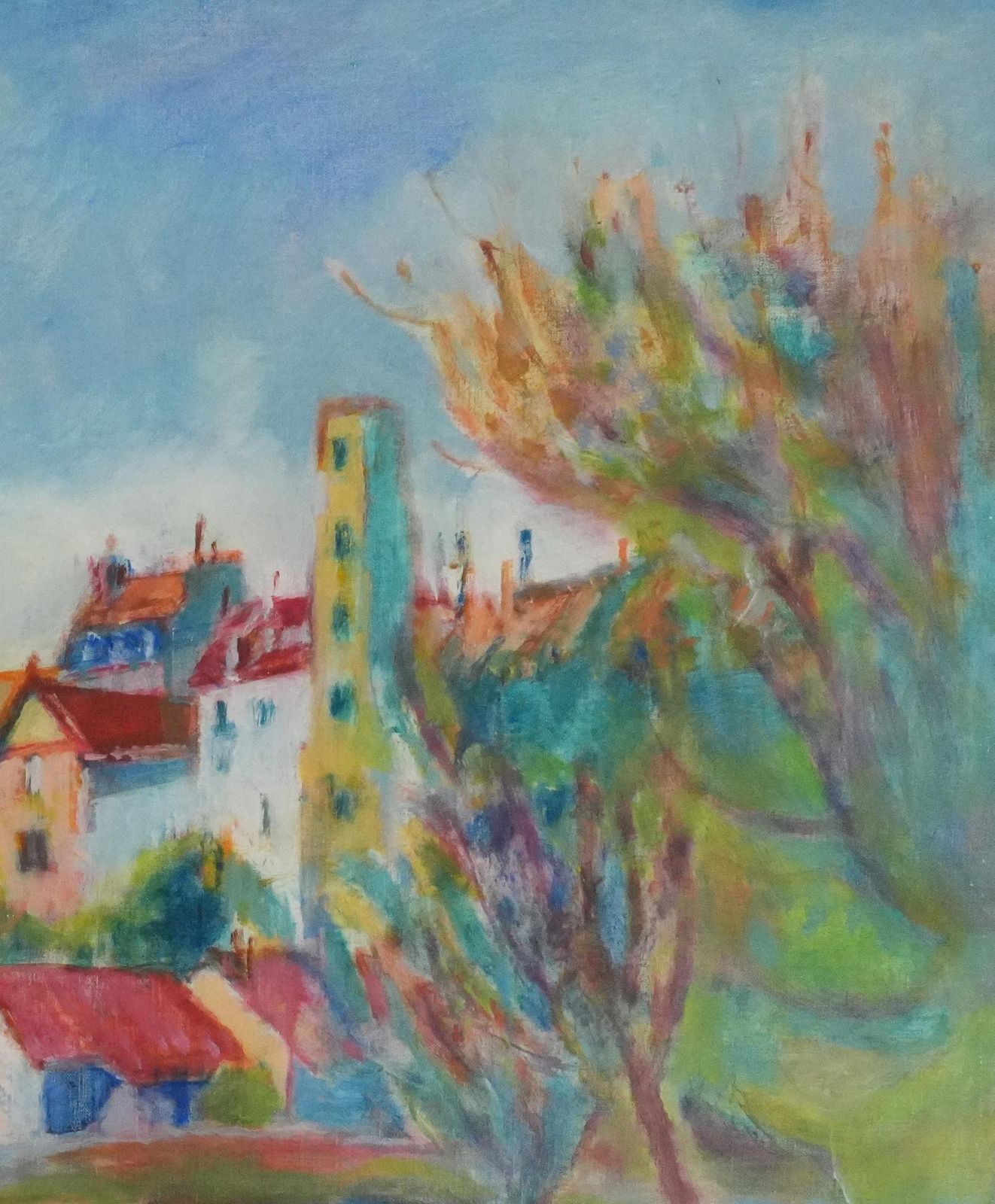 Masaaki Kuwaharavillage Near The Bridge   Original Oil On Canvas, Signedc. 1965 photo 1045.0