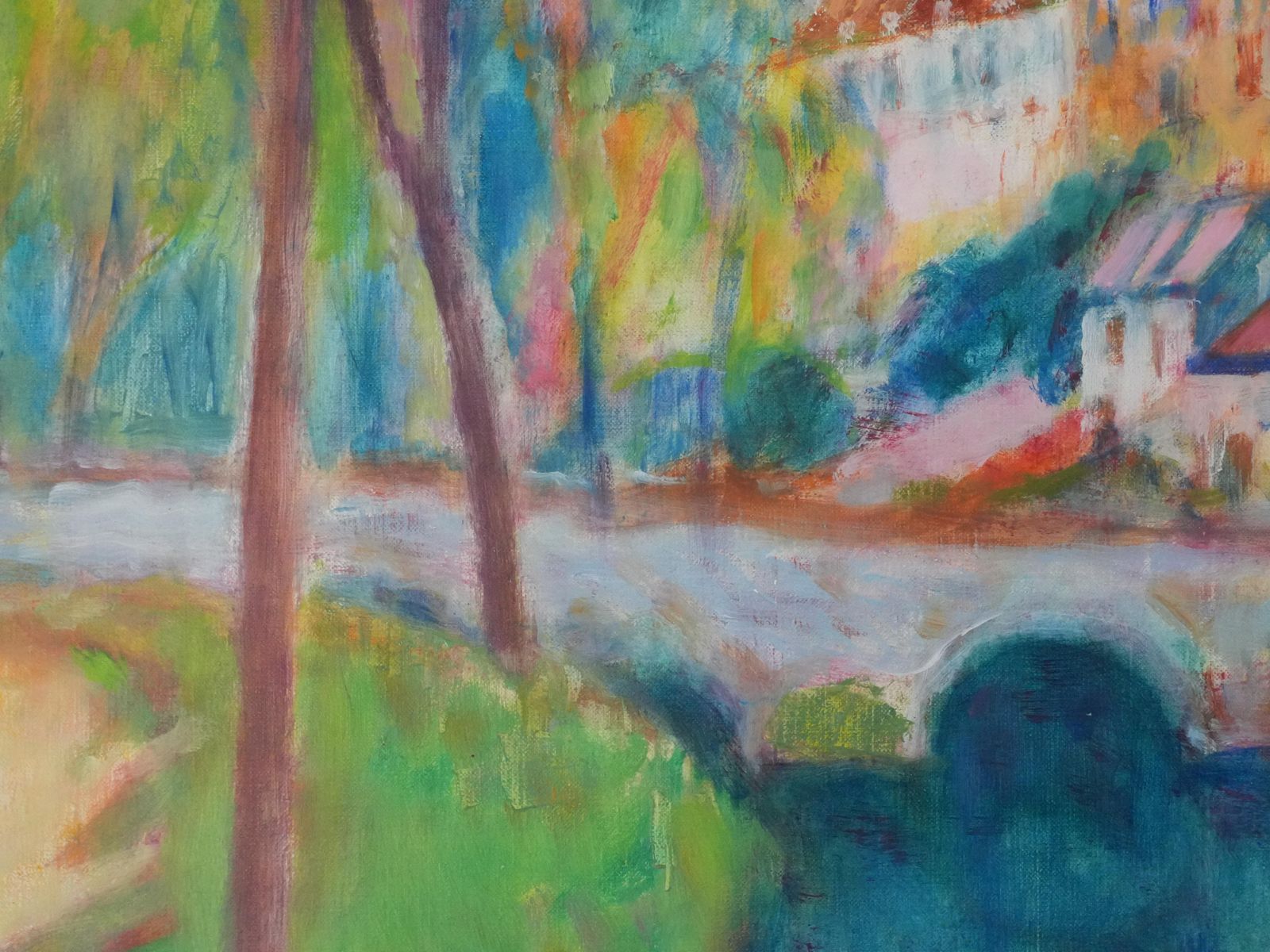 Masaaki Kuwaharavillage Near The Bridge   Original Oil On Canvas, Signedc. 1965 photo buy