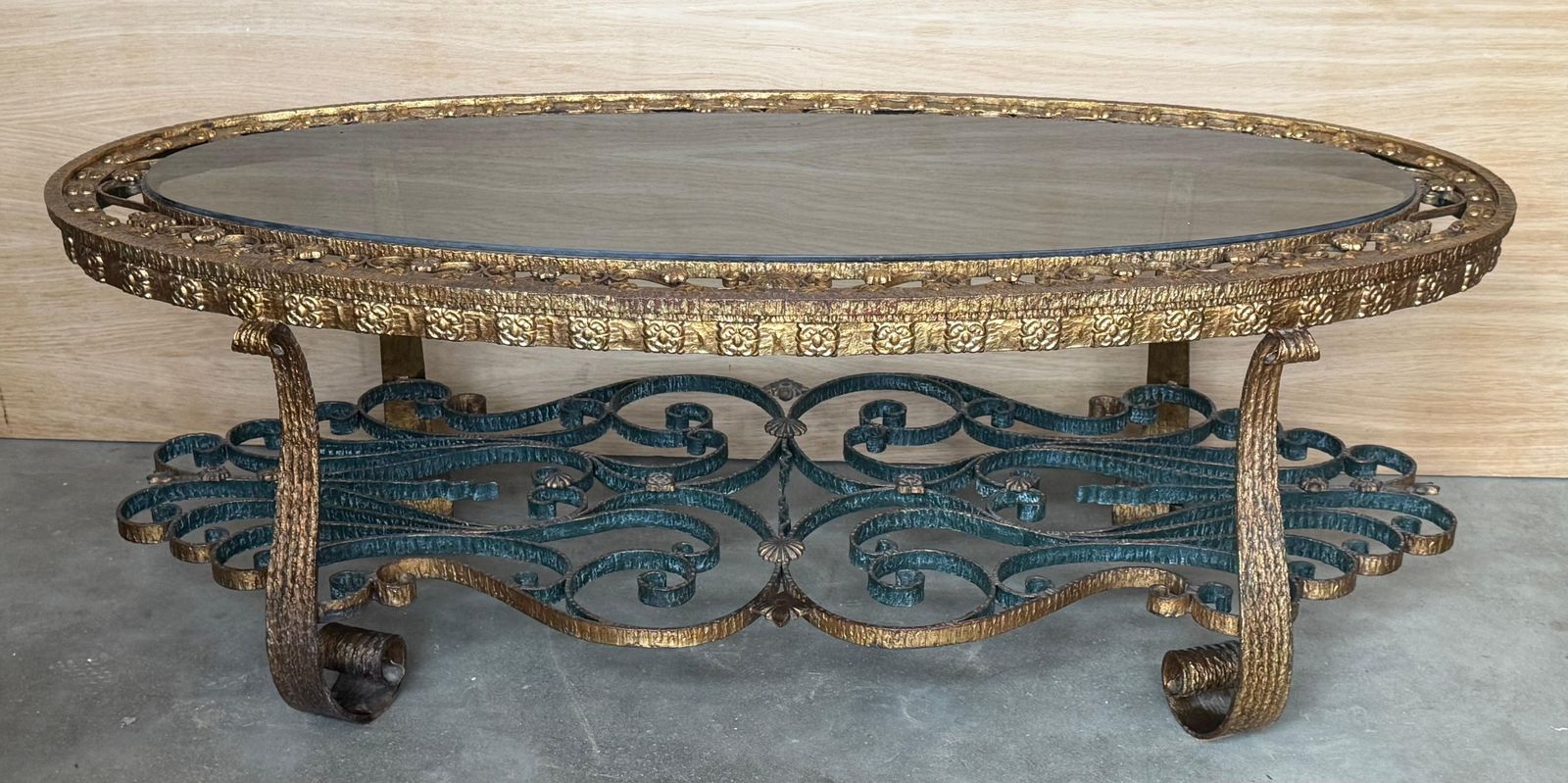 Italian Hollywood Regency Gold Gilt Iron Oval 2 Tier Rope Tassel Coffee Table photo for sale