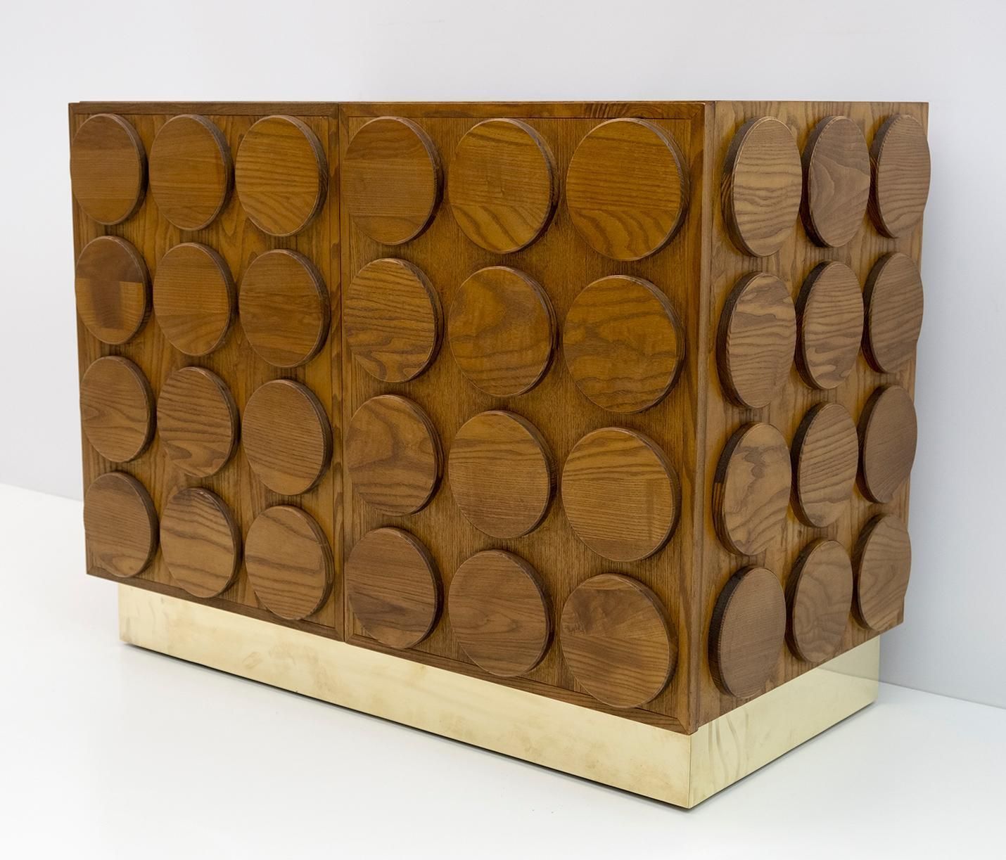 Brutalist Italian Chestnut Wood And Brass Bar Cabinet, 1970s photo furniture