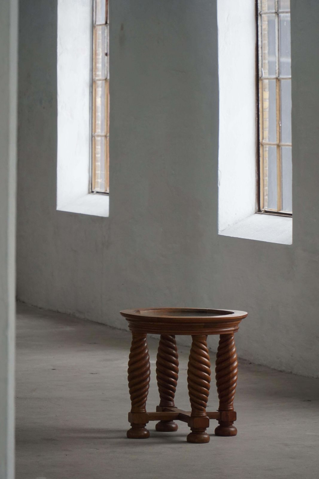 Danish Mid Century Modern, Oak Table With Spiral Turned Legs & Glass Top, 1950s photo furniture