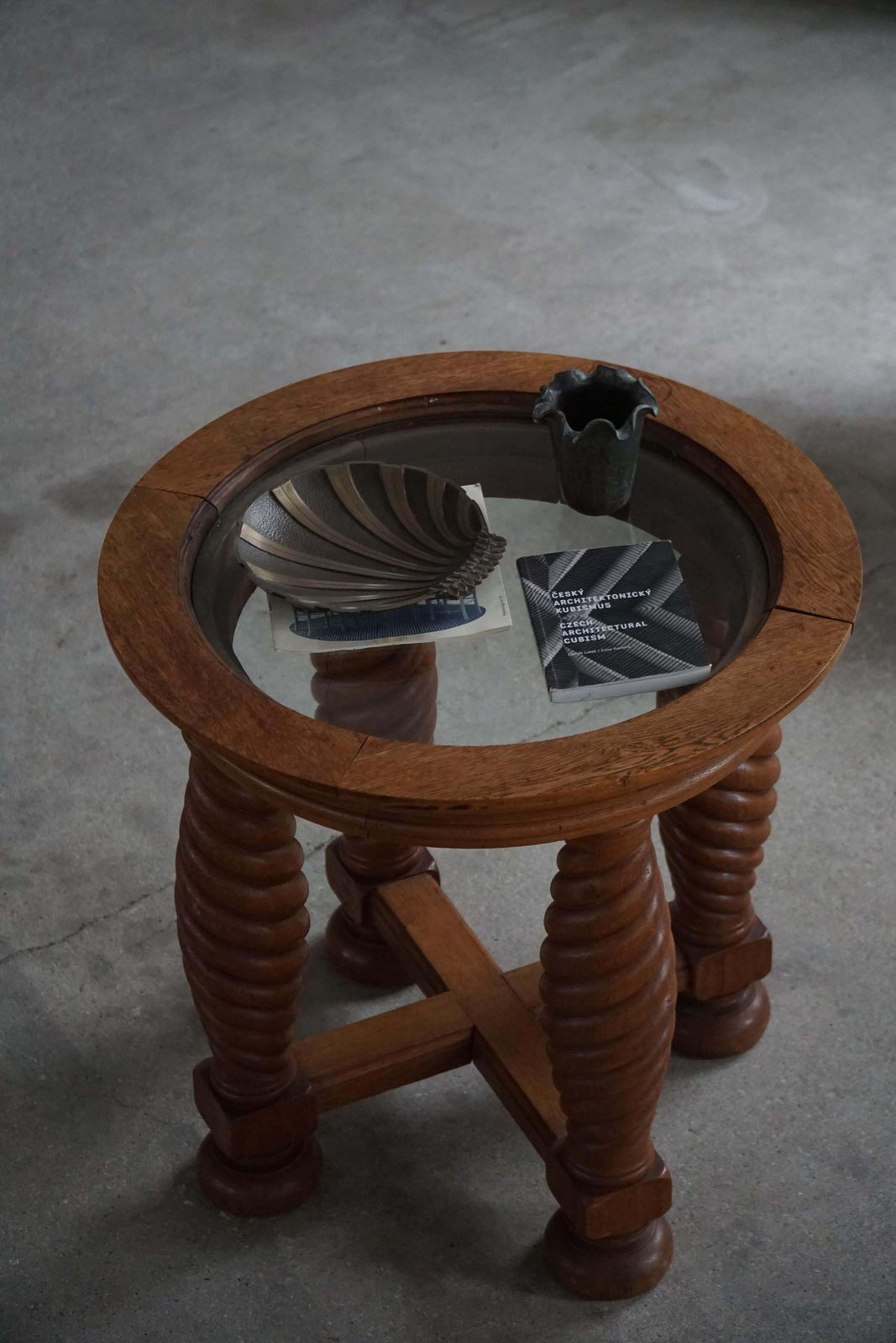 photo furniture Danish Mid Century Modern, Oak Table With Spiral Turned Legs & Glass Top, 1950s