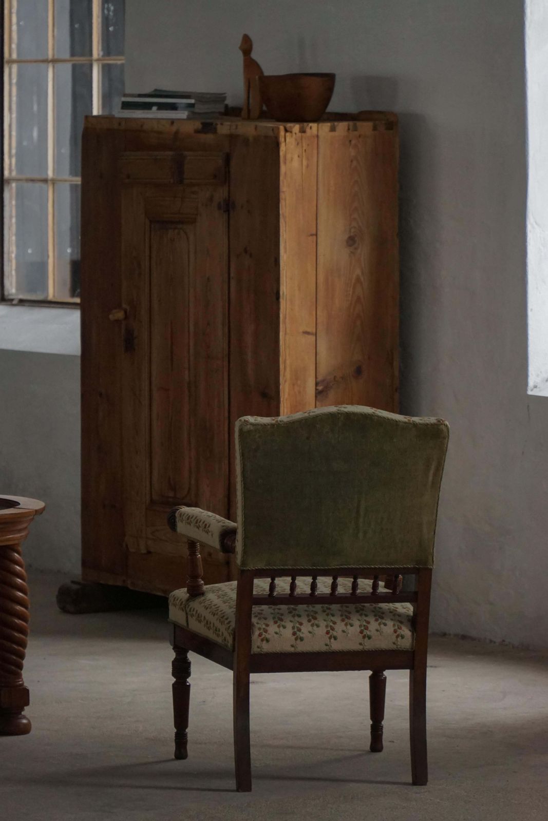 Furniture Danish Modern Armchair In Turned Wood With Floral Upholstery, Early 20th Century photo