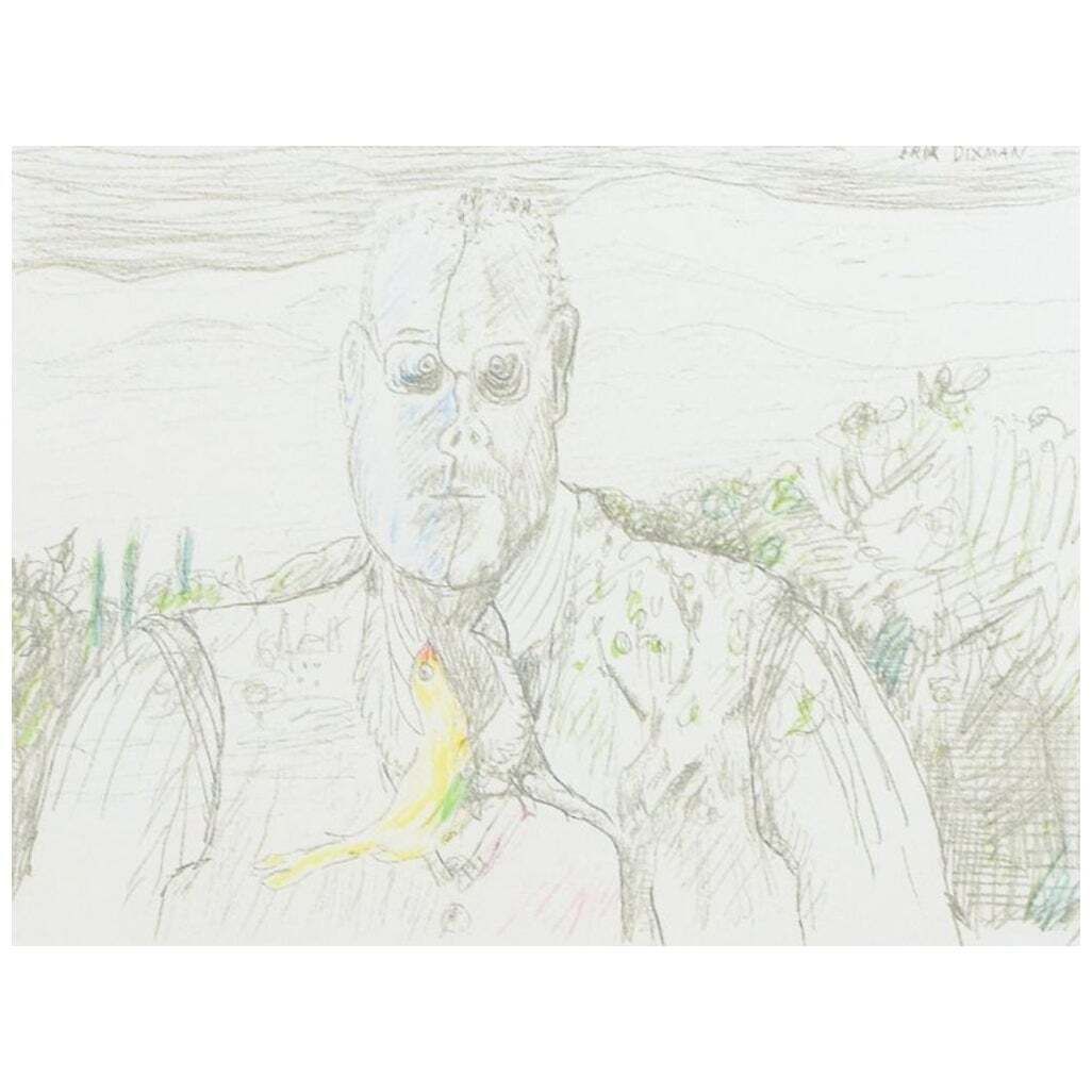Erik Dietman, Swedish French Artist. A Male Portrait. Hand Colored Lithograph.