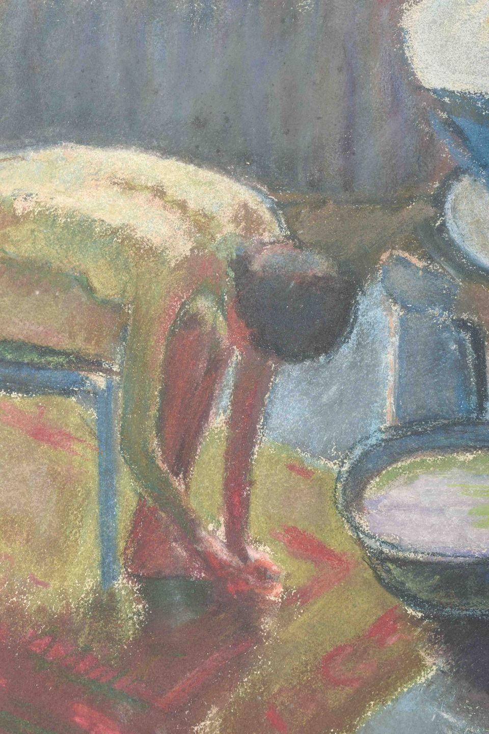 Scandinavian Artist. Interior With Seated Nude Figure. Crayon / Pastel On Paper photo furniture