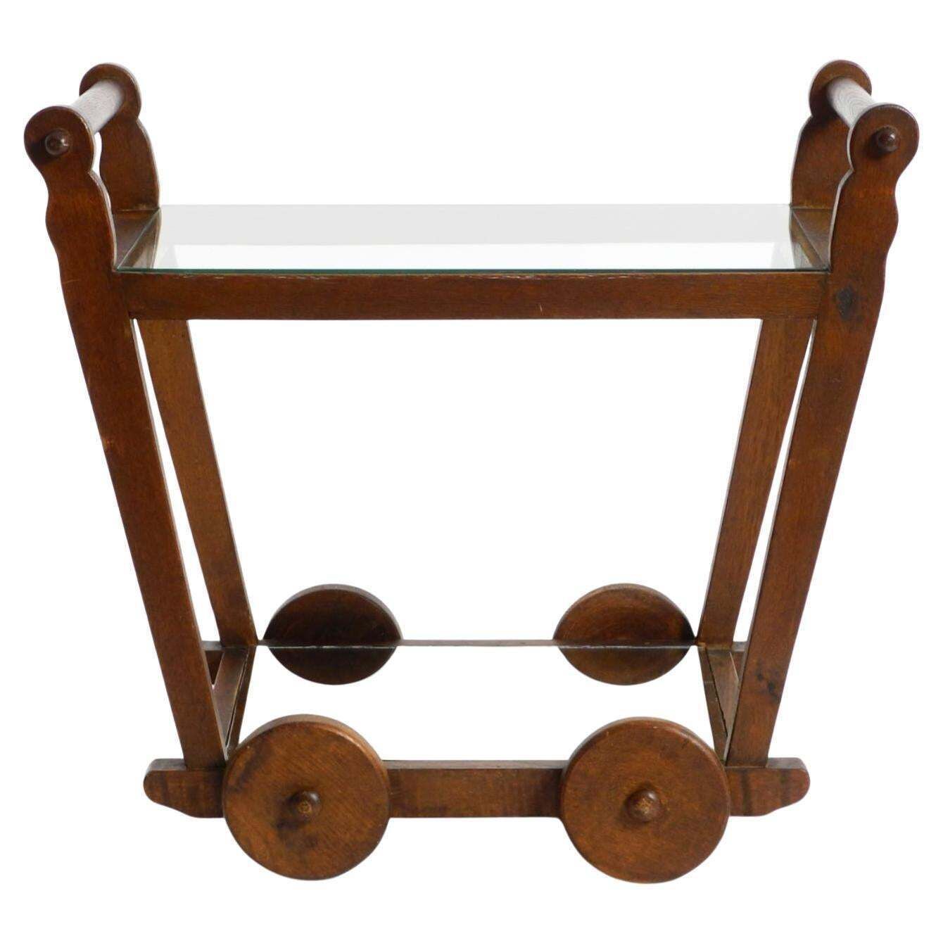Beautiful, Unique 1930s Tea Trolley Bar Cart Made Of Solid Oak Wood