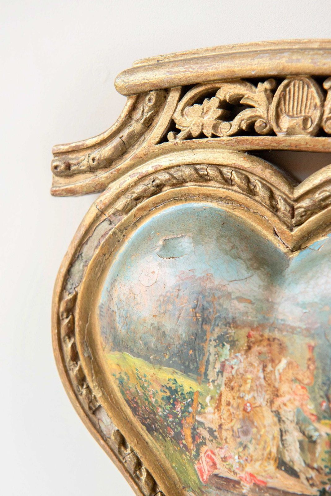 264.0 Antique French Giltwood Wall Sconce, 19th Century — Hand Painted Heart Panel, Rare Romantic Candle Holder photo