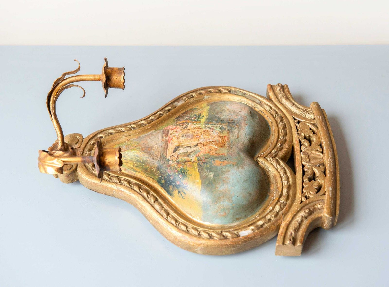 photo buy Antique French Giltwood Wall Sconce, 19th Century — Hand Painted Heart Panel, Rare Romantic Candle Holder