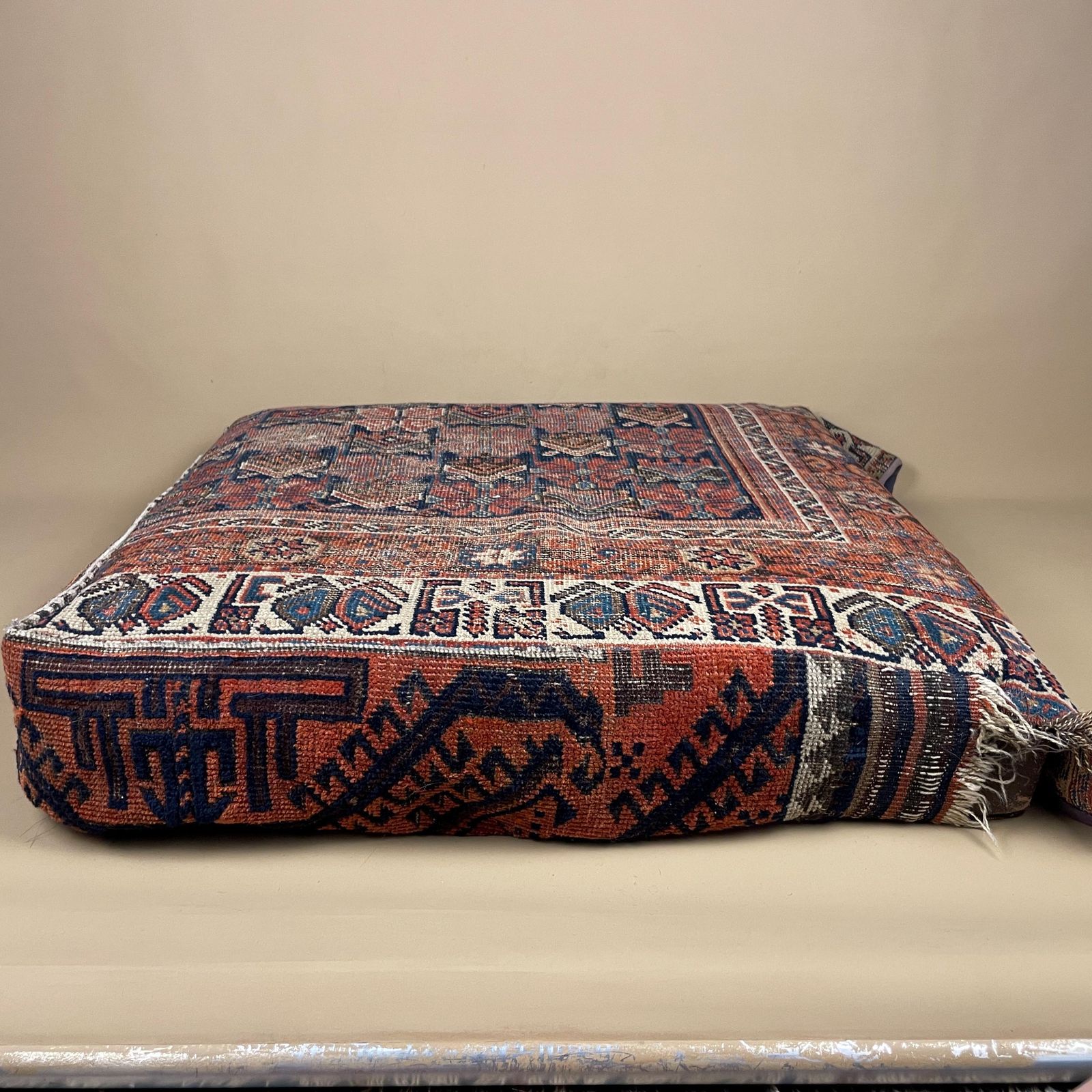 Vintage Carpet Floor Cushion Wool Rug Leather Backed Turkish Handwoven Pouffe Sofa Seat Handmade Red Geometric Decorative Accent photo 195.0