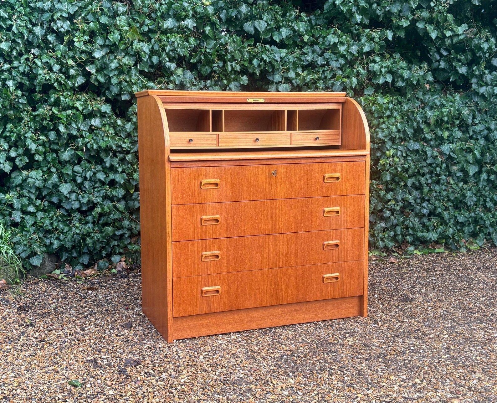 Mid Century Cylinder Top Bureau In Teak photo furniture