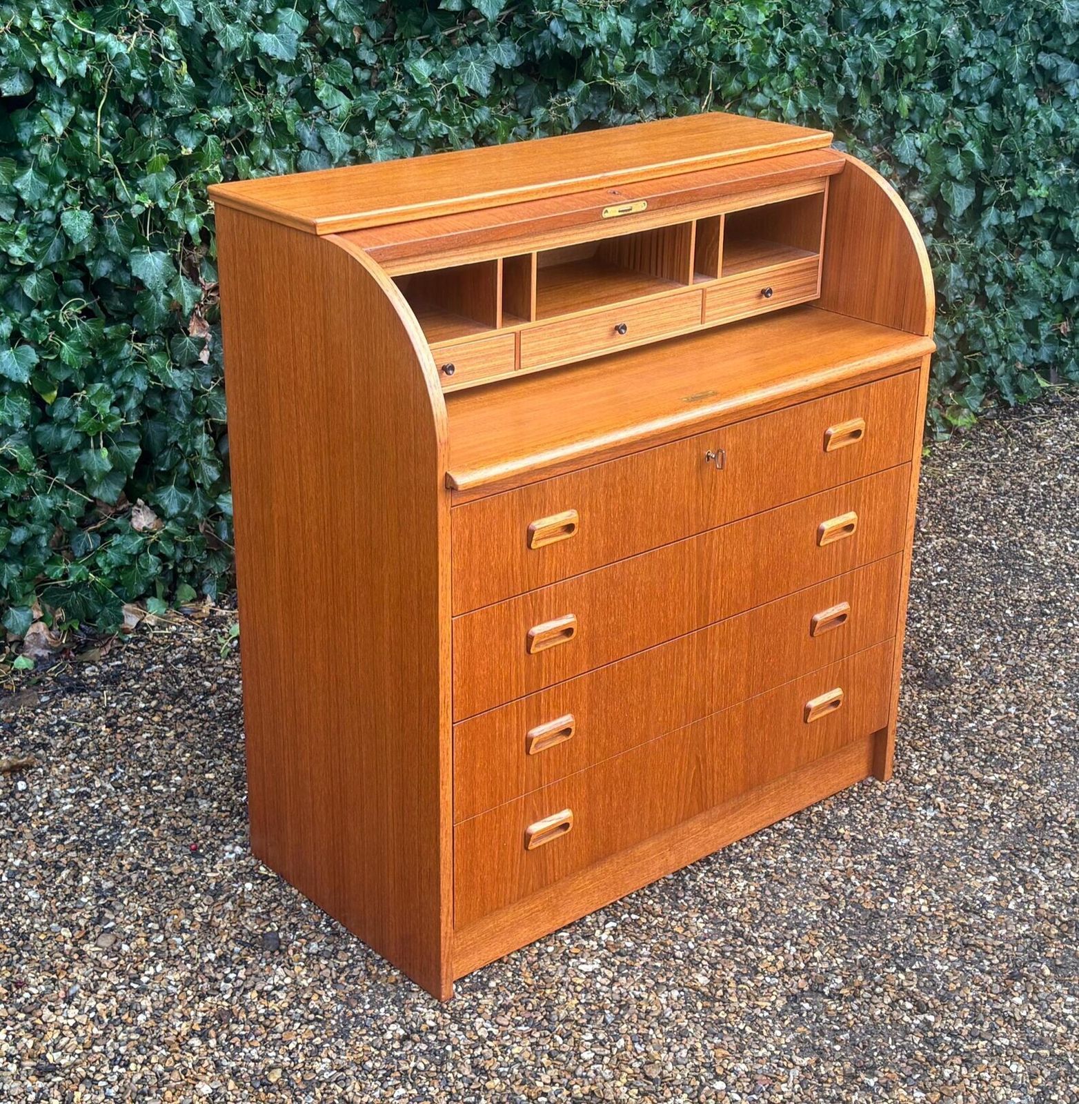 Mid Century Cylinder Top Bureau In Teak photo for sale