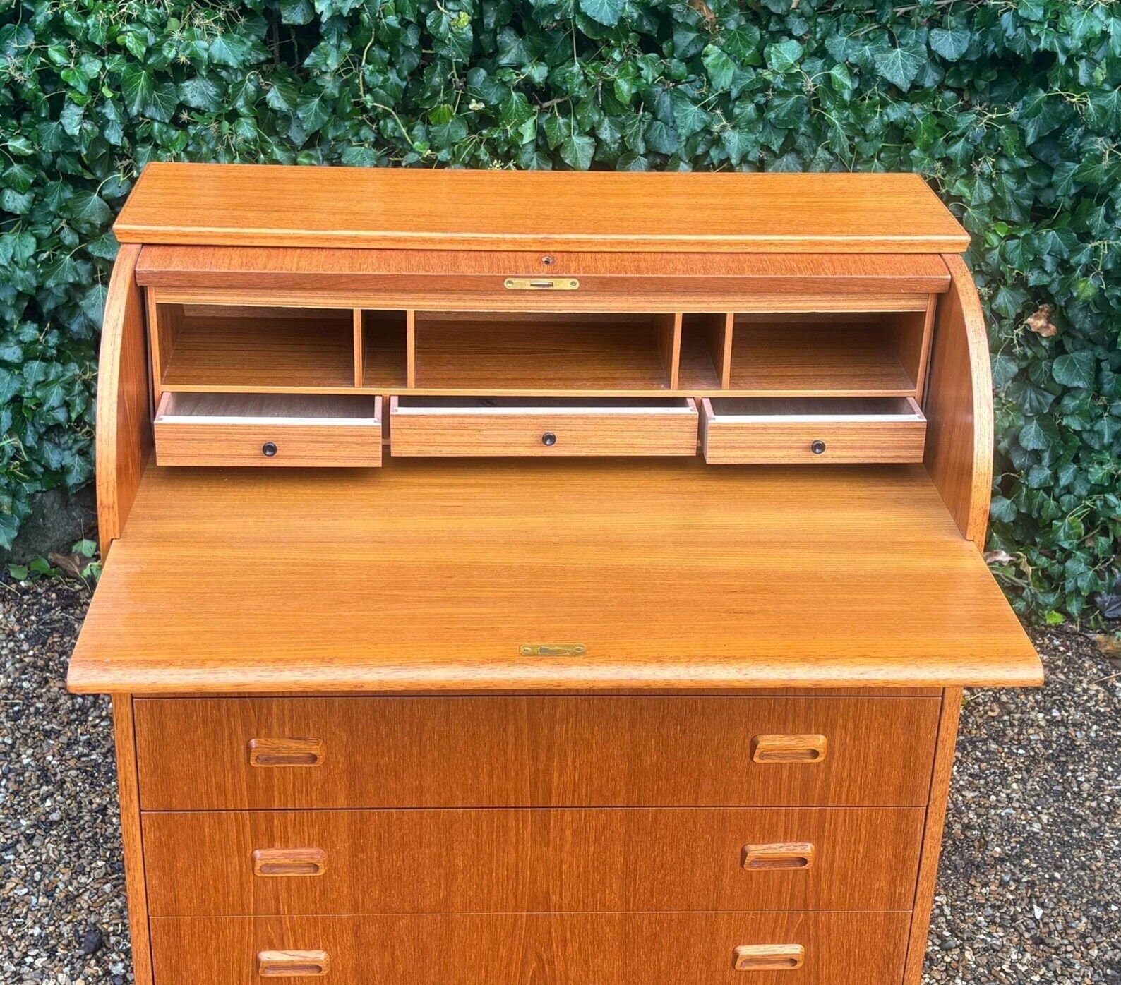 Mid Century Cylinder Top Bureau In Teak photo vintage