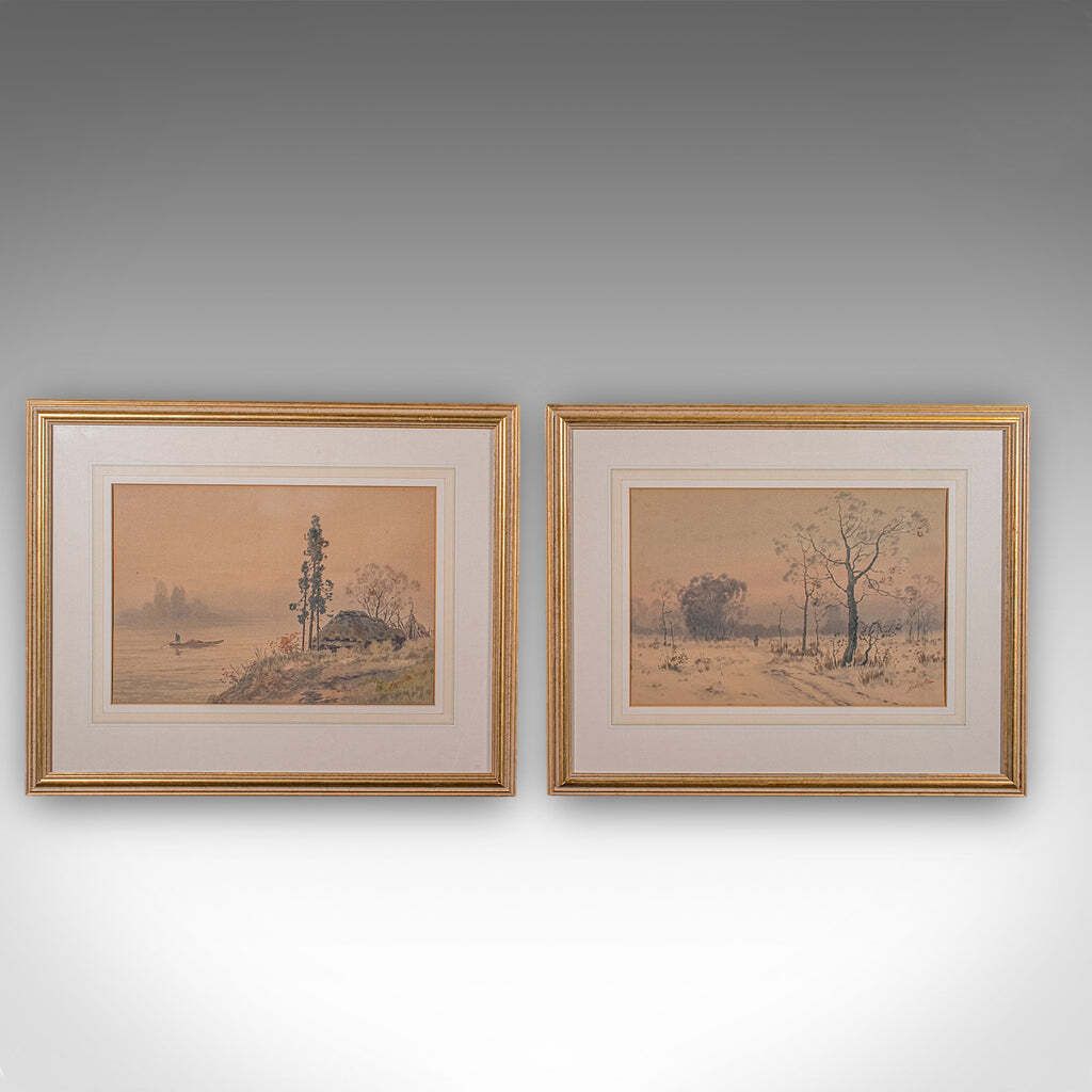 Pair Of Vintage Landscape Paintings, Oriental, Watercolour, Art, Mid Century photo furniture