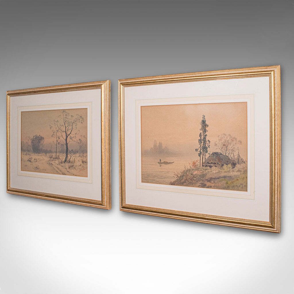 Pair Of Vintage Landscape Paintings, Oriental, Watercolour, Art, Mid Century photo for sale
