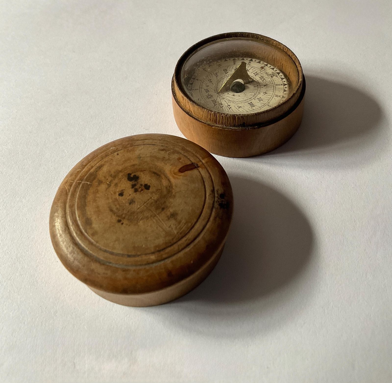 photo furniture Antique Pocket Sundial In Wooden Case   Early 19th Century.