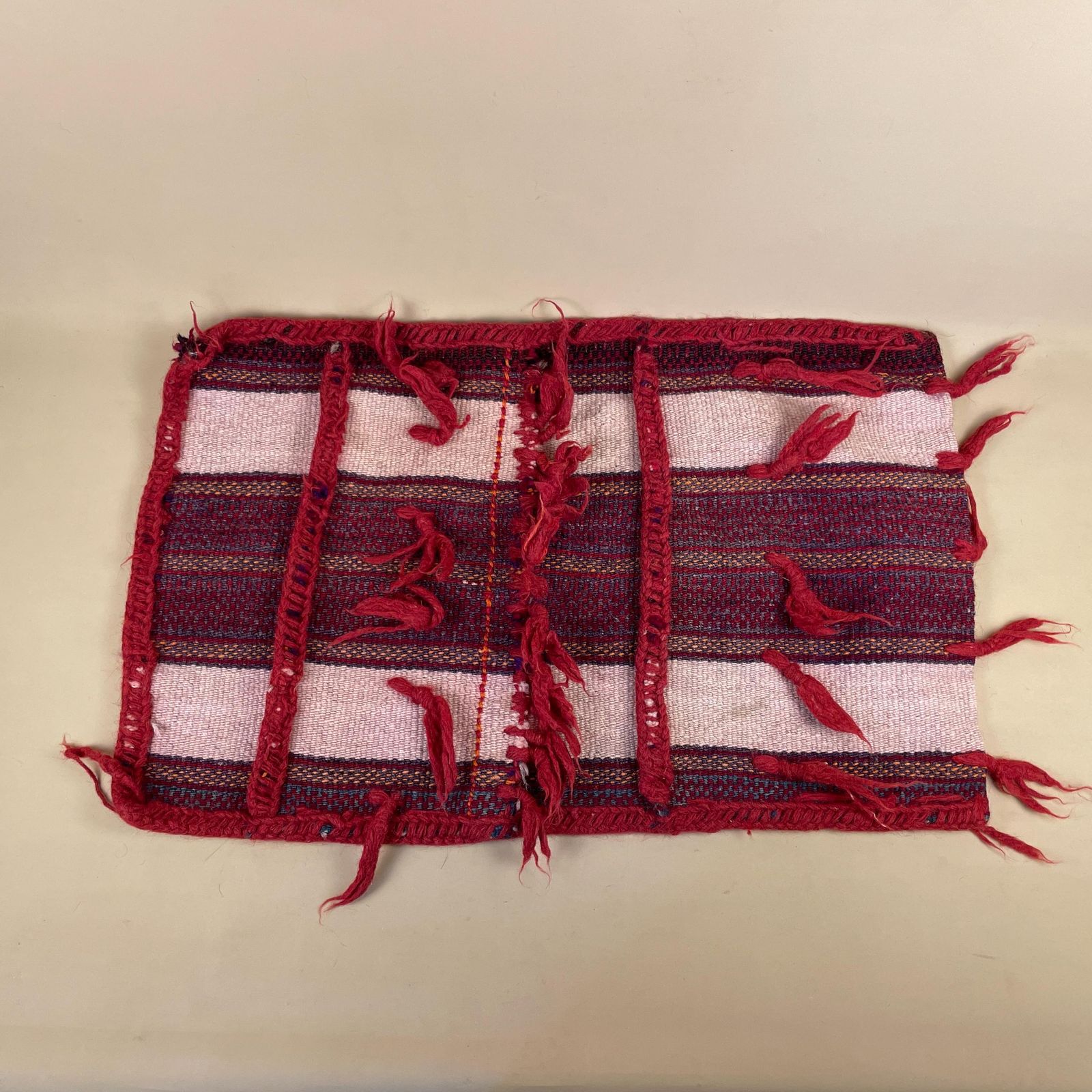 Vintage Saddle Bag Wall Hanging Handwoven Wool Tribal Textile Pouch Tassels Red Nomadic Folk Design Woven
