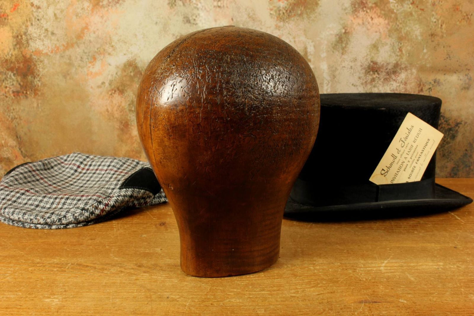 Antique Dark Wood Hat Block. French Milliner's 54 Head Wig Display. photo 370.0