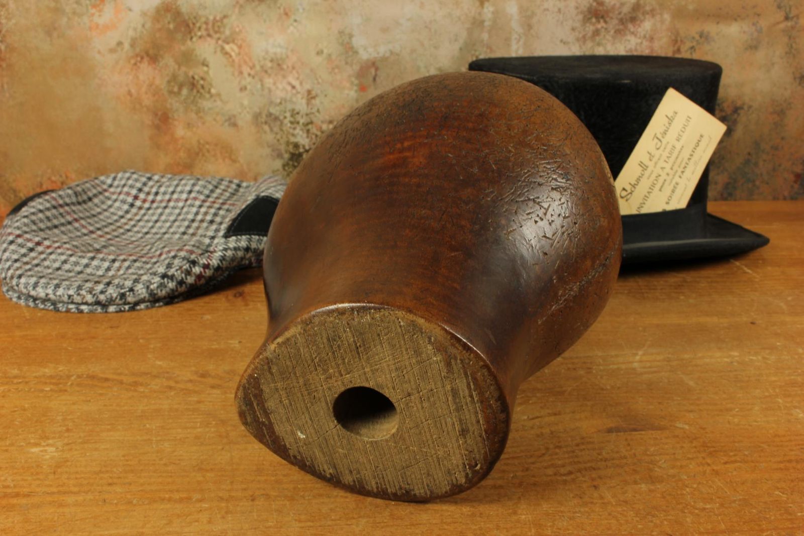 Antique Dark Wood Hat Block. French Milliner's 54 Head Wig Display. photo vinterior