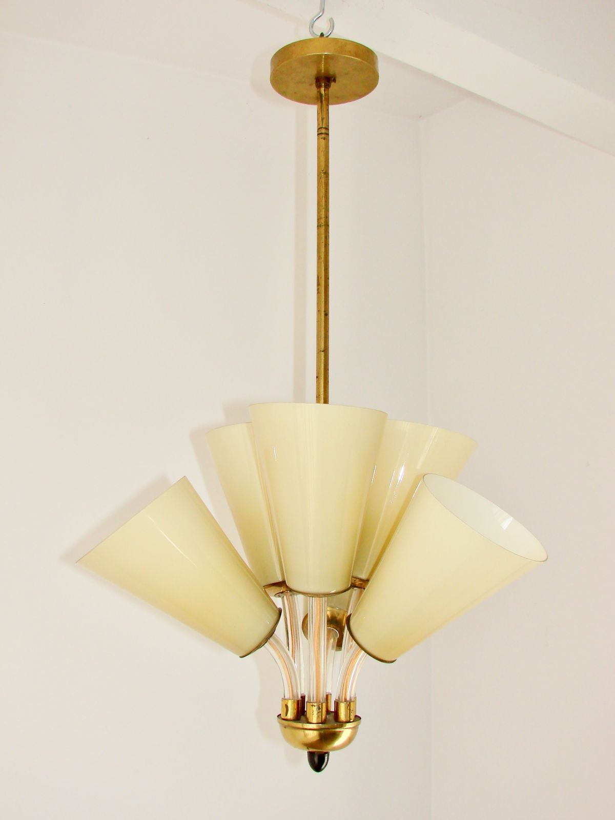 Chandelier Kamenický šenov – Czechoslovakia, 1950s, Brass And Glass photo Lighting