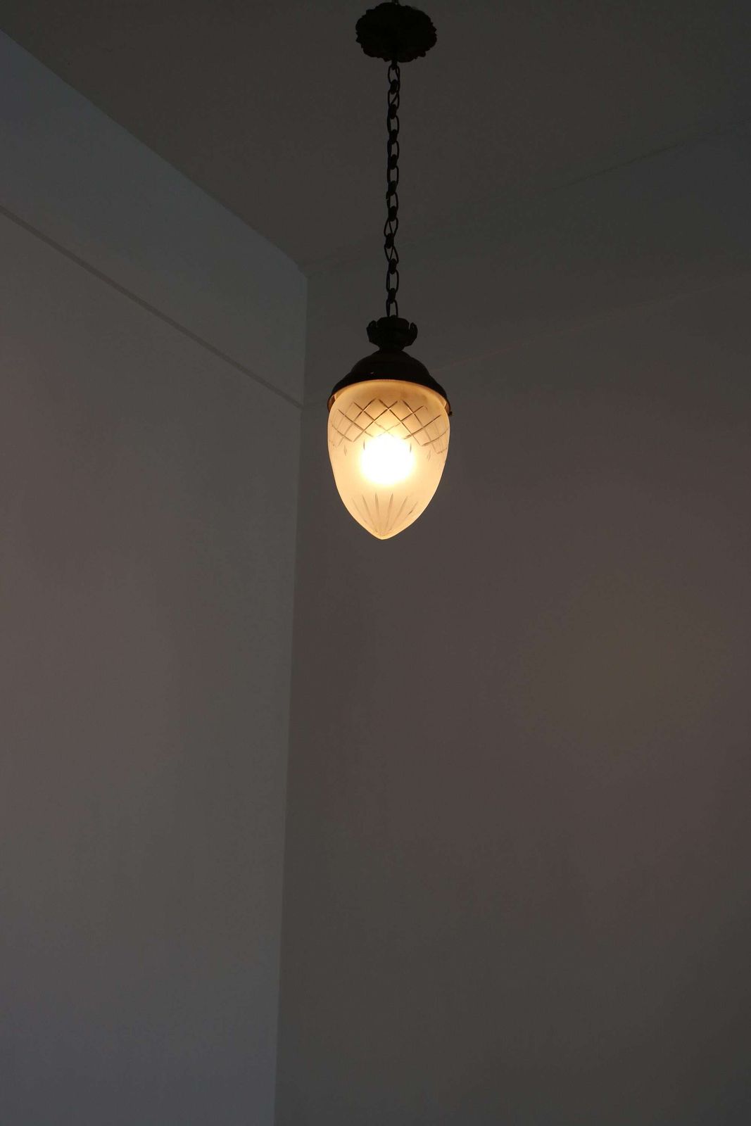 Antique French Teardrop Pendant Light – Brass & Etched Frosted Glass Hall Lantern photo 769.0