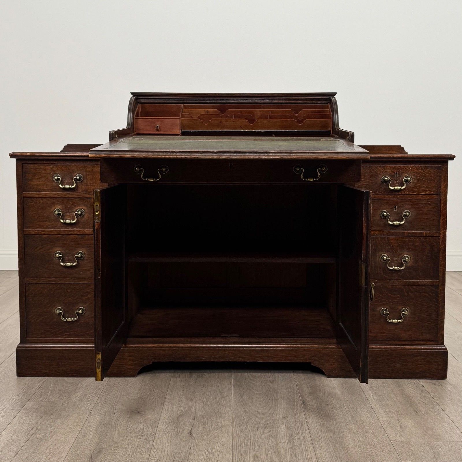 Antique 19th Century Tambour Top Bankers Desk In Oak photo furniture