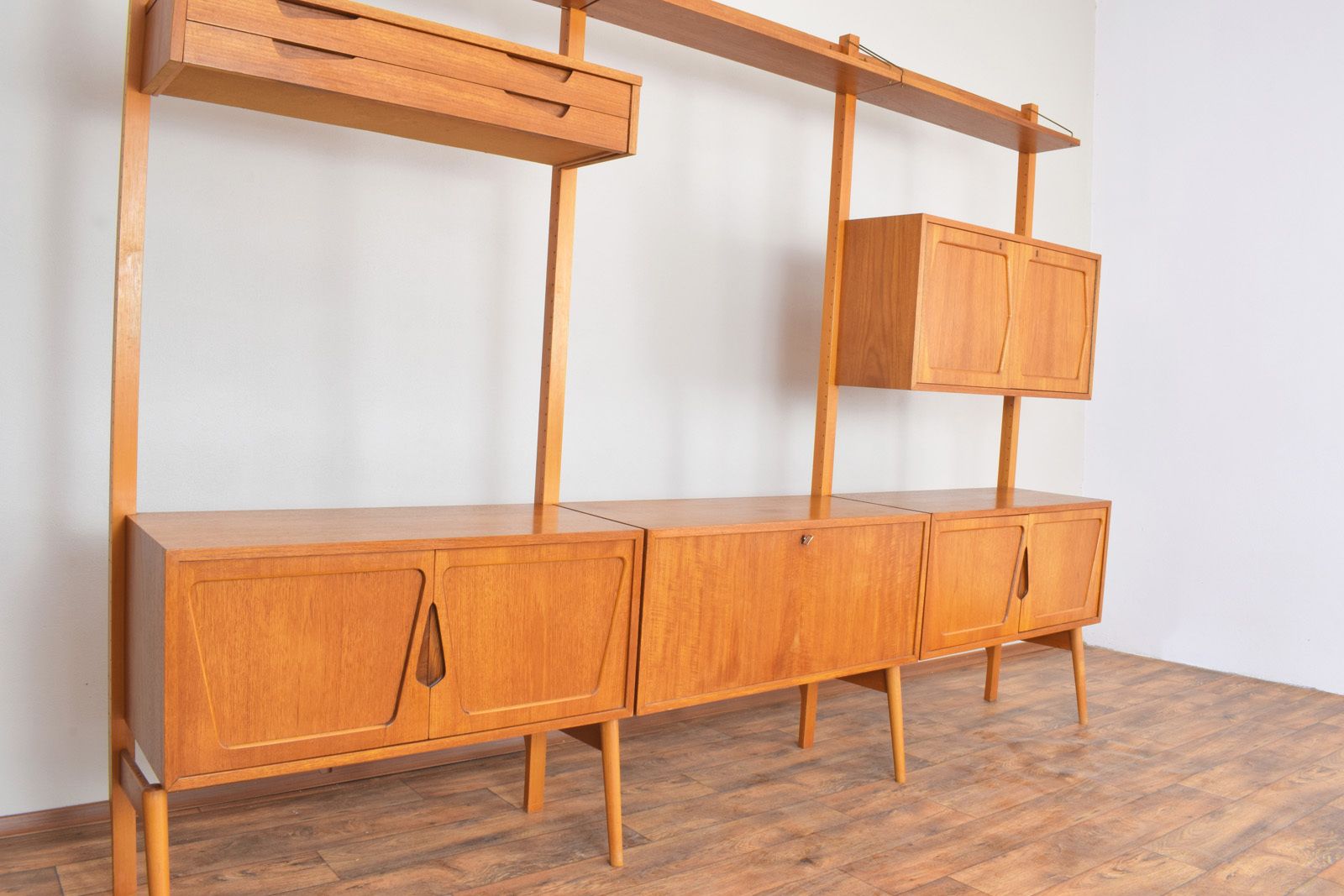 Mid Century Teak Wall Unit By Kjell Riise For Rival Brodrene Jatogs, 1960s, Set Of 3 photo for sale