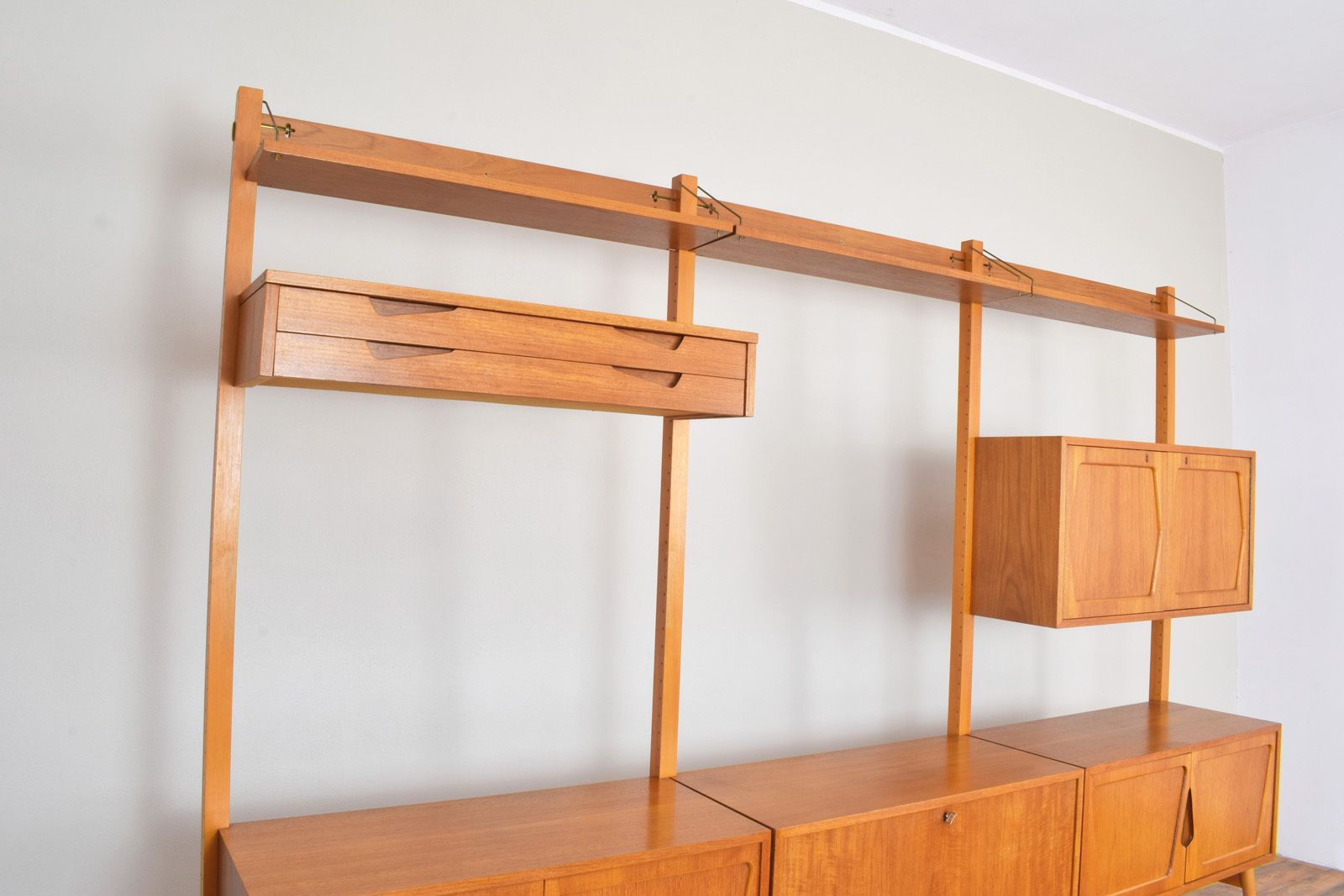Mid Century Teak Wall Unit By Kjell Riise For Rival Brodrene Jatogs, 1960s, Set Of 3 photo 2095.0