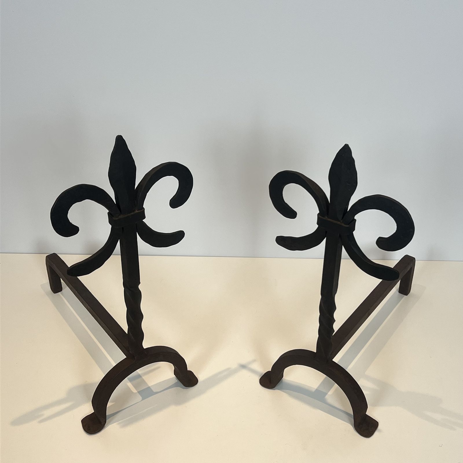 Pair Of Wrought Iron Andirons With Fleur De Lis Design photo furniture