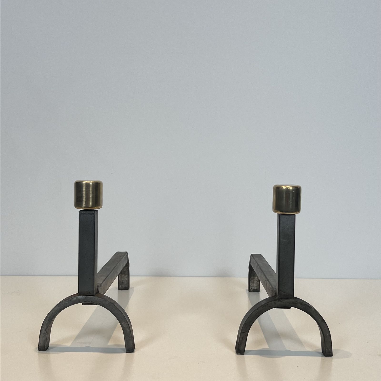 Pair Of Modernist Wrought Iron And Brass Andirons photo furniture