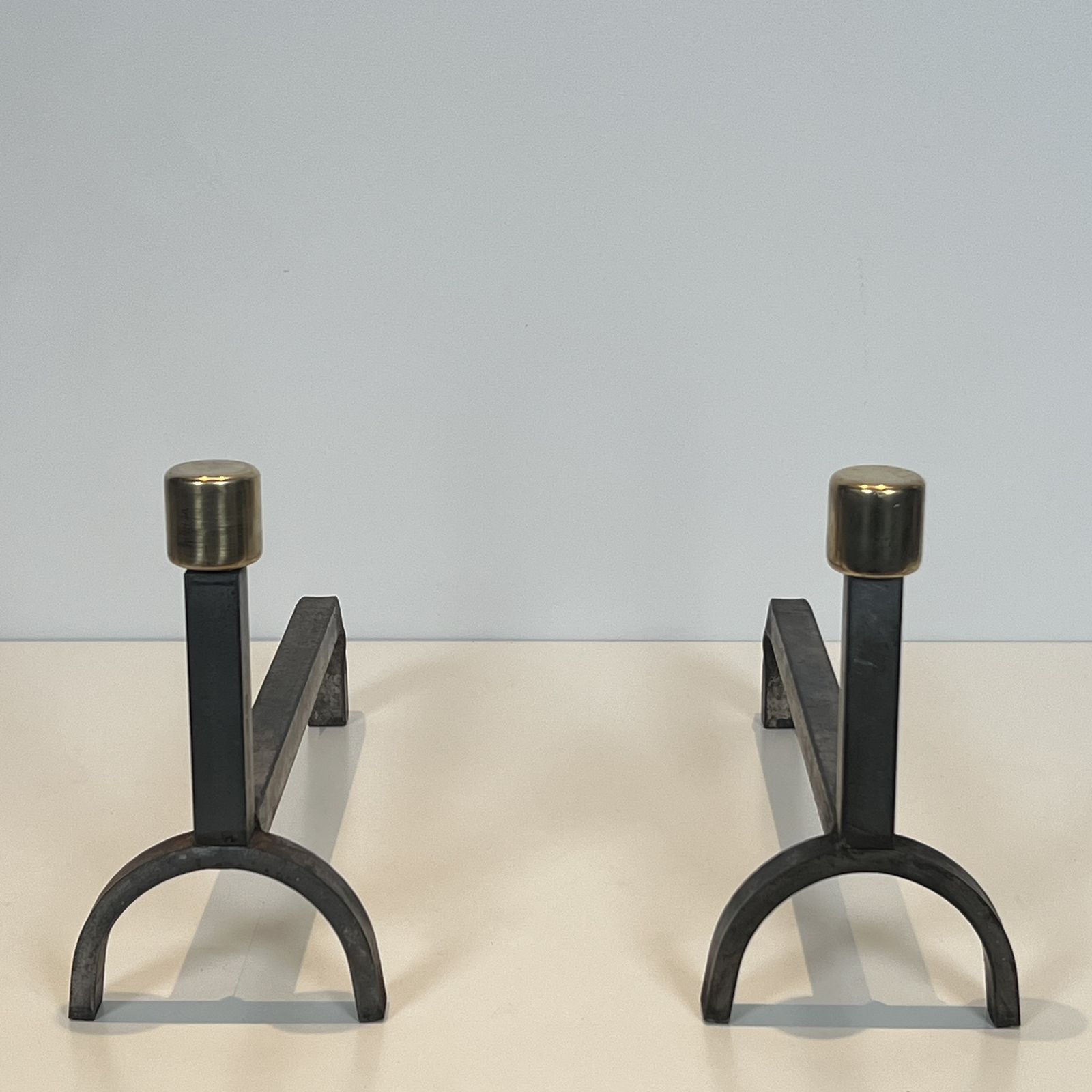 850.0 Pair Of Modernist Wrought Iron And Brass Andirons photo
