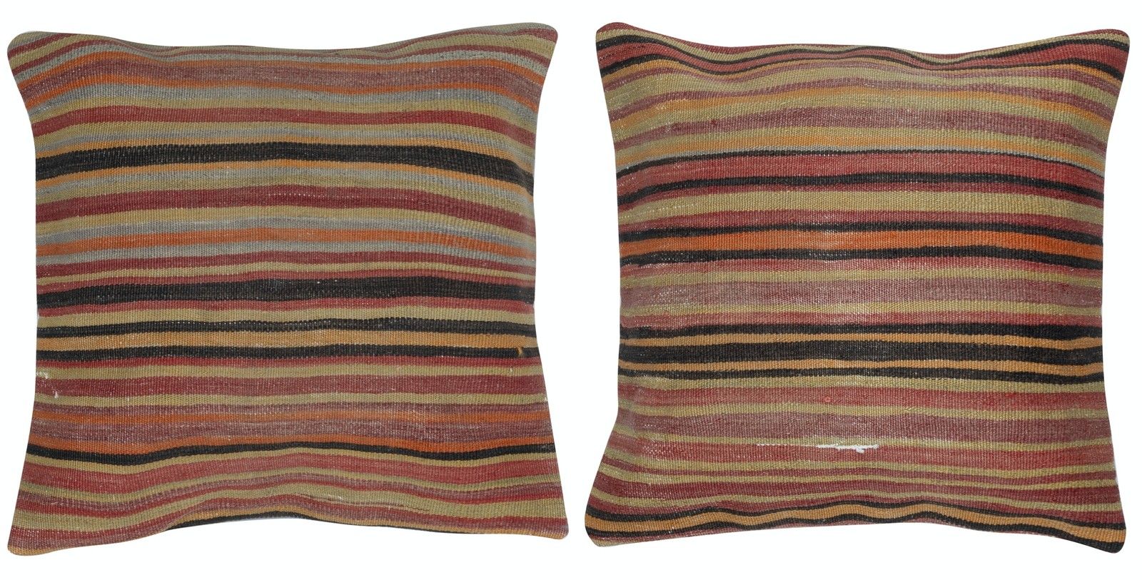22"X22" Set Of 2 Striped Kilim Cushion Covers. Flatweave Wool Accent Pillows