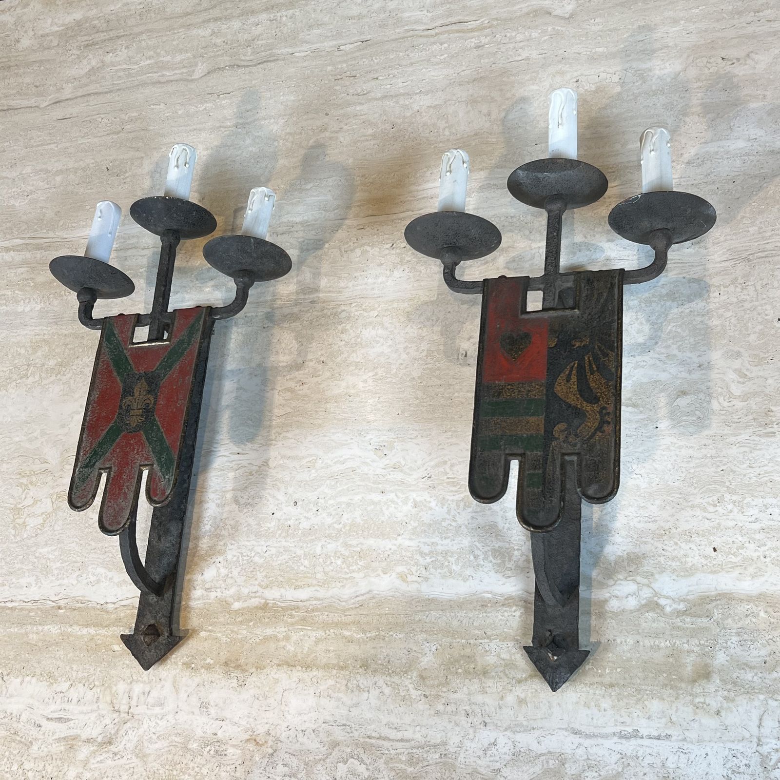 Important Pair Of Wrought Iron Wall Sconces With Coat Of Arms And 3 Gothic Style Lights photo furniture