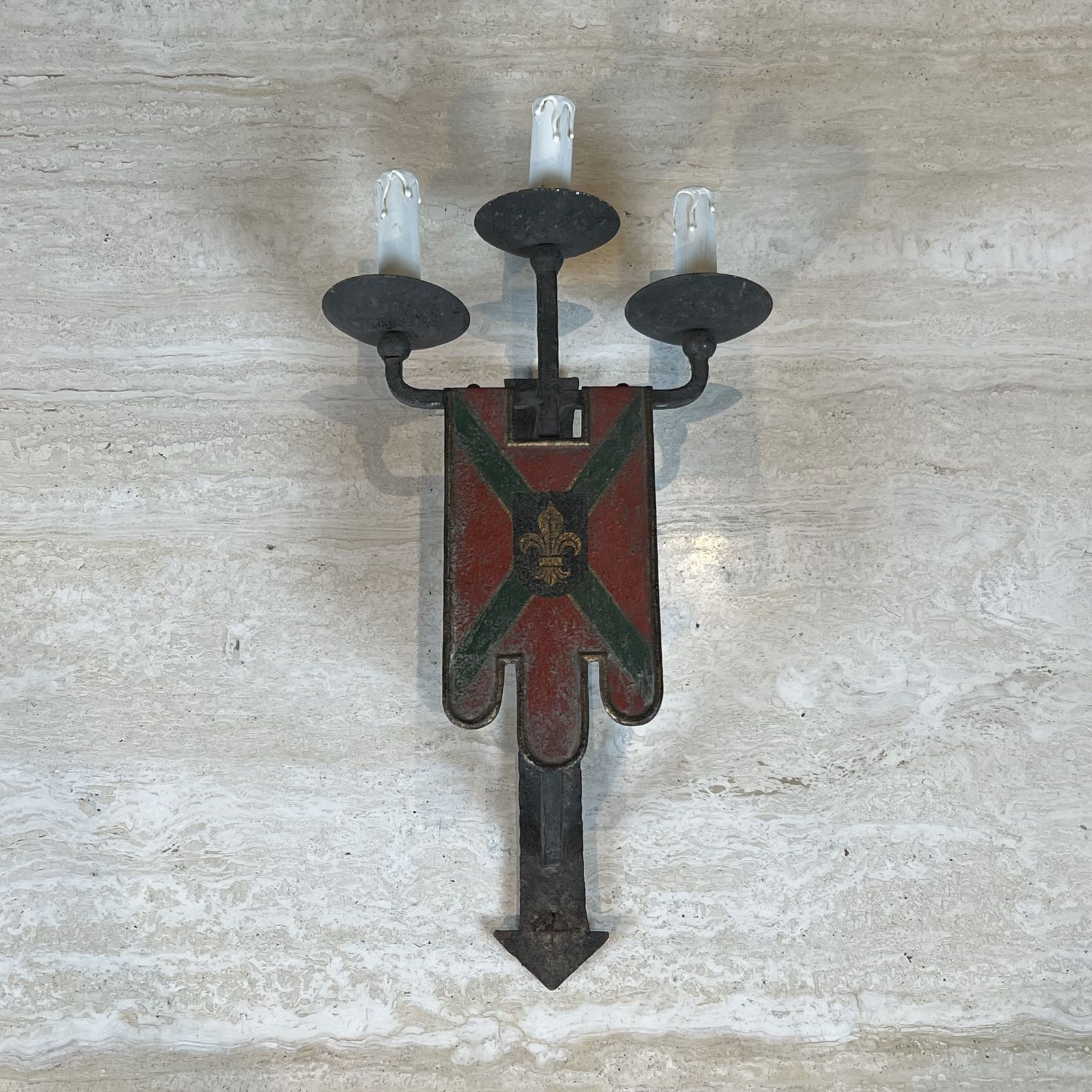 Important Pair Of Wrought Iron Wall Sconces With Coat Of Arms And 3 Gothic Style Lights photo Home Decor