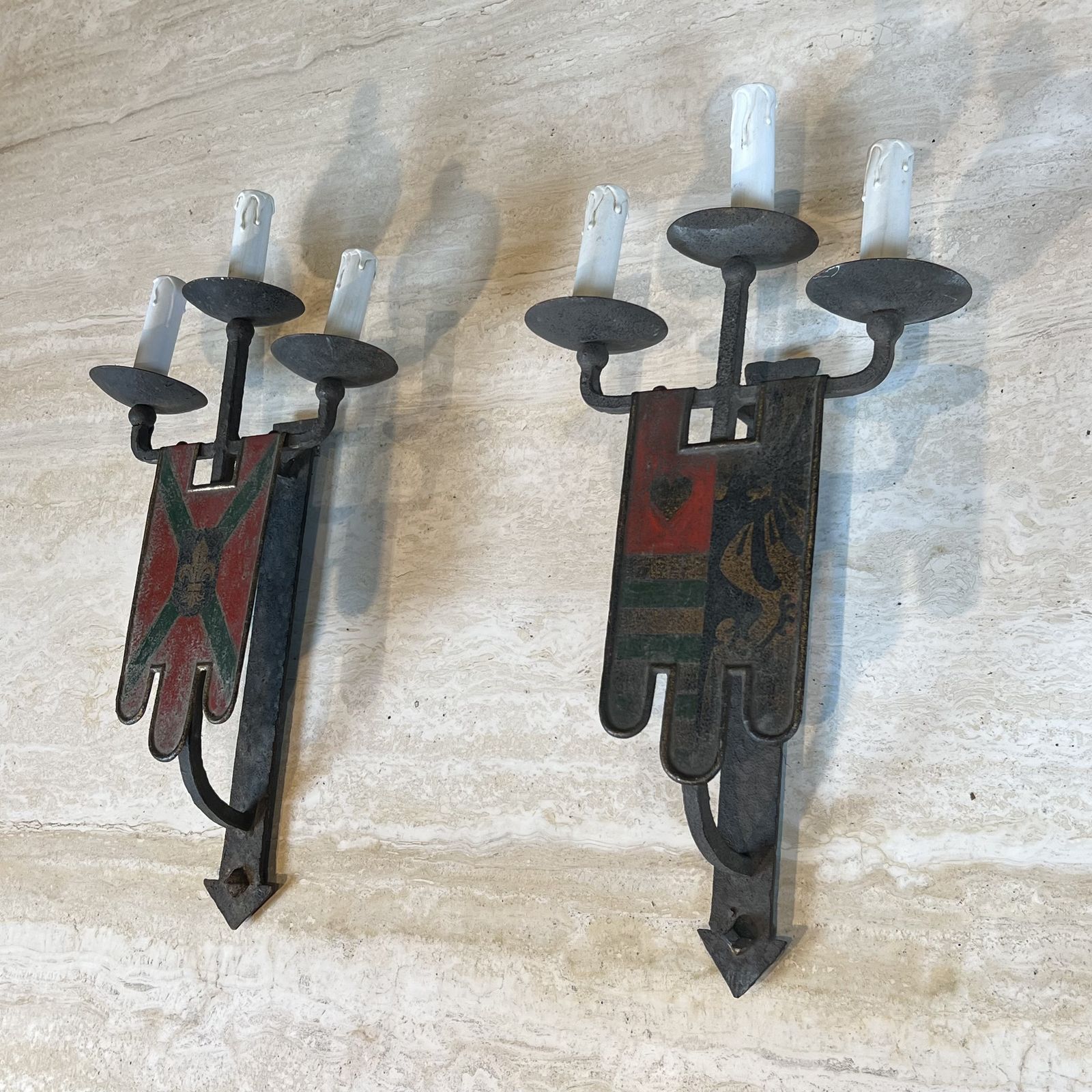 photo for sale Important Pair Of Wrought Iron Wall Sconces With Coat Of Arms And 3 Gothic Style Lights